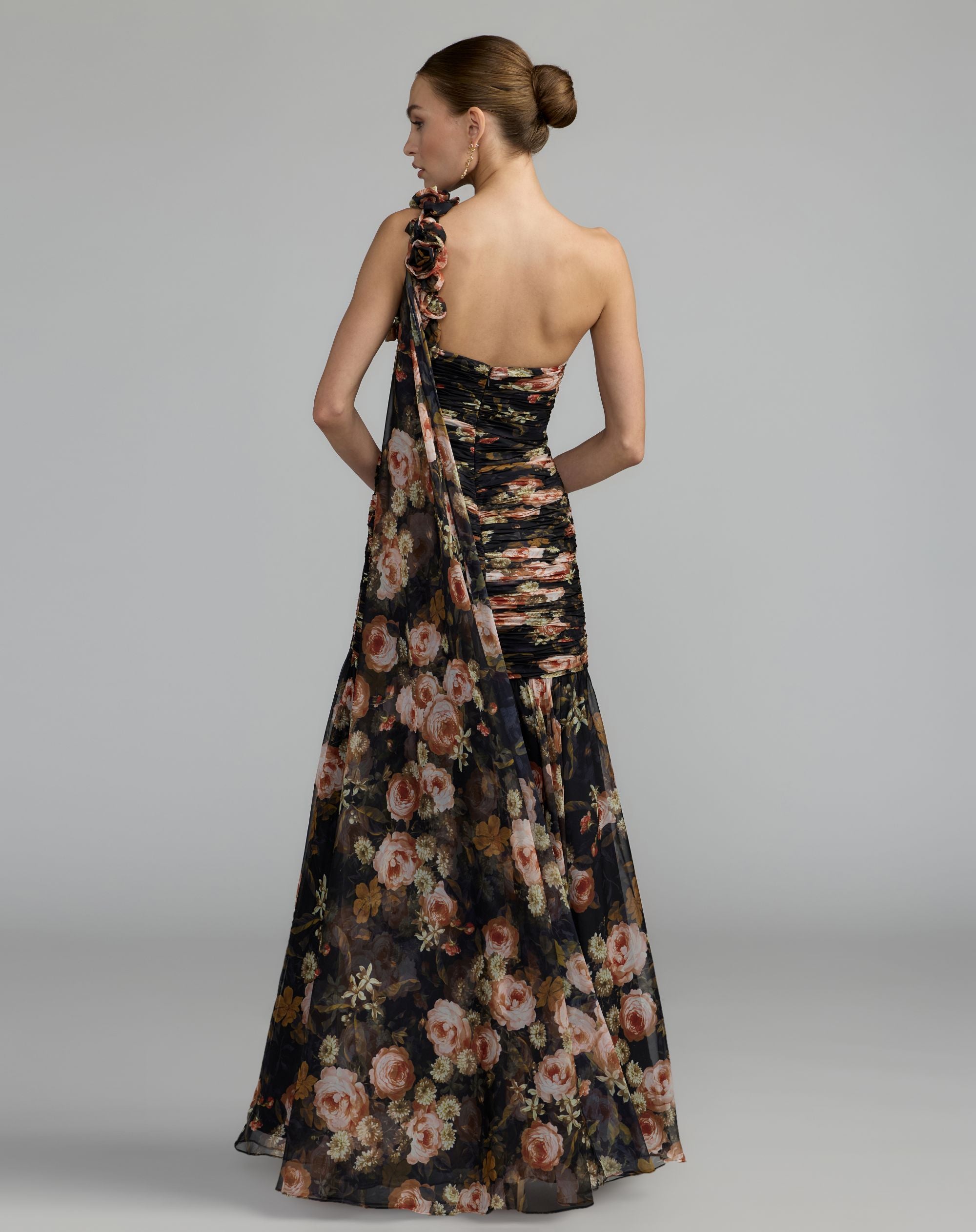 Black One Shoulder Floral Printed Chiffon Gown - Ieena for Mac Duggal