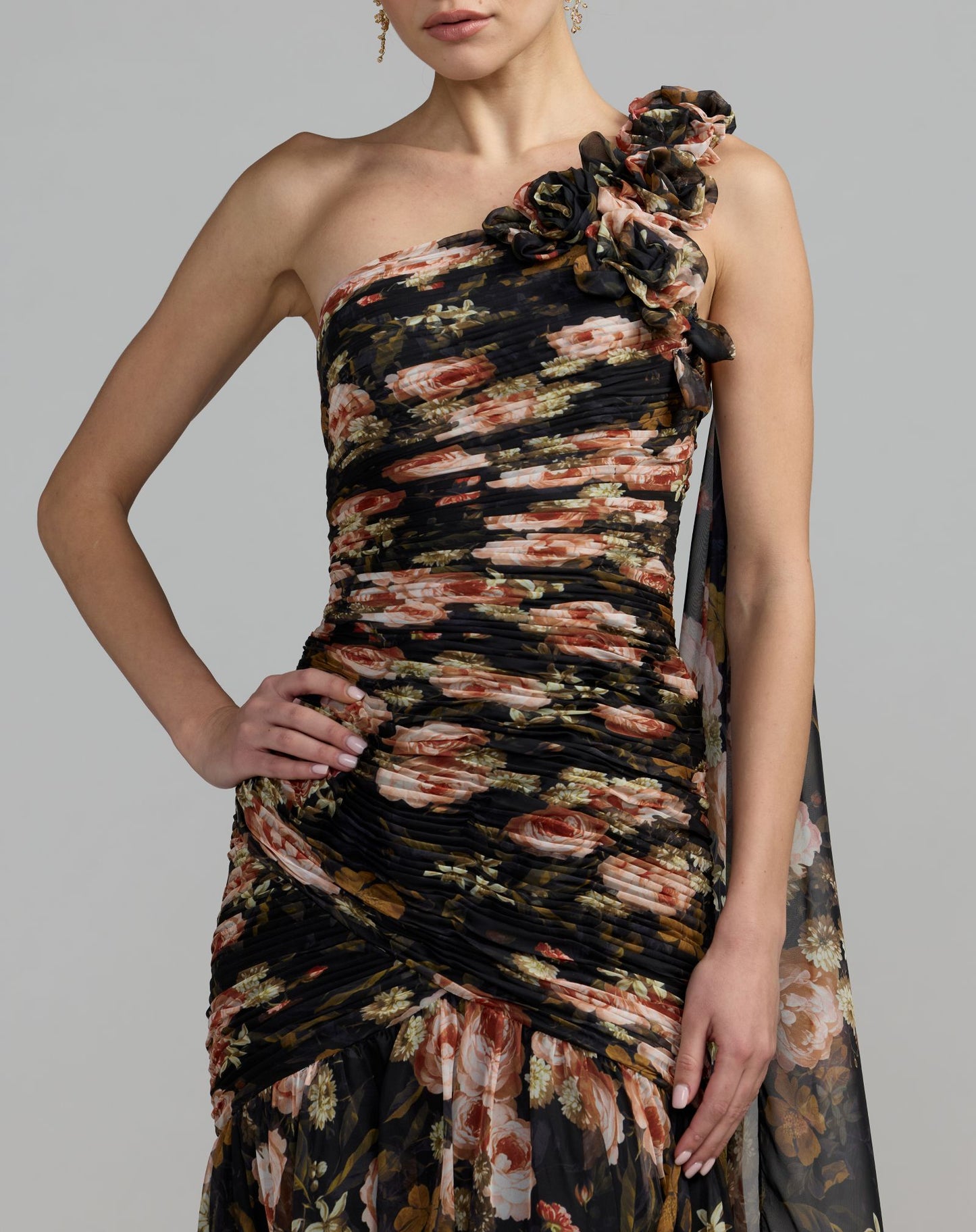 Black One Shoulder Floral Printed Chiffon Gown - Ieena for Mac Duggal
