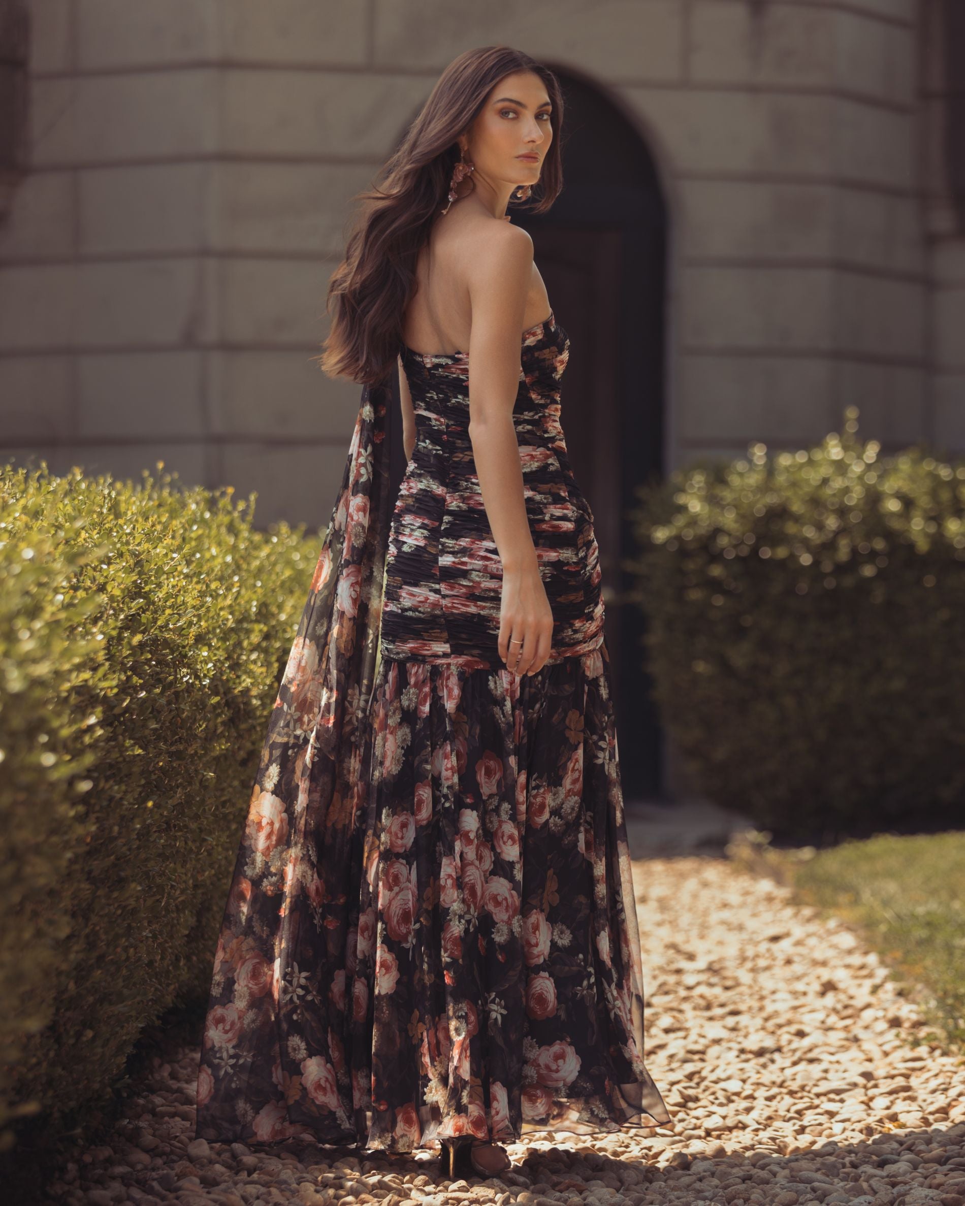 Black One Shoulder Floral Printed Chiffon Gown