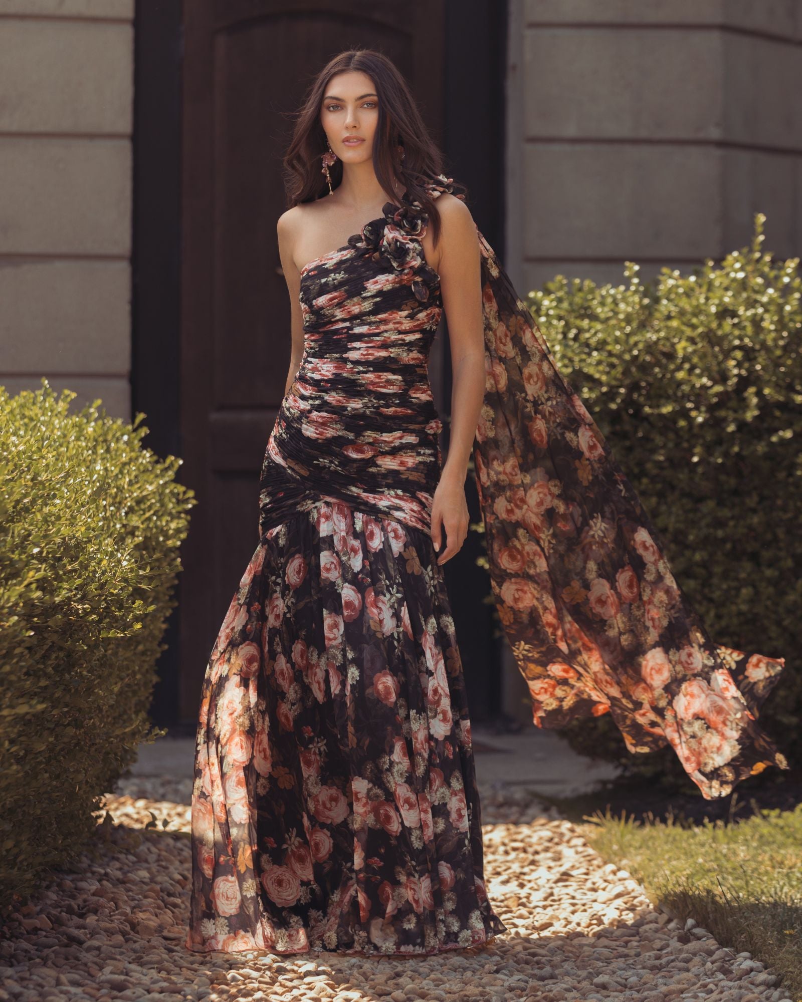 Black One Shoulder Floral Printed Chiffon Gown