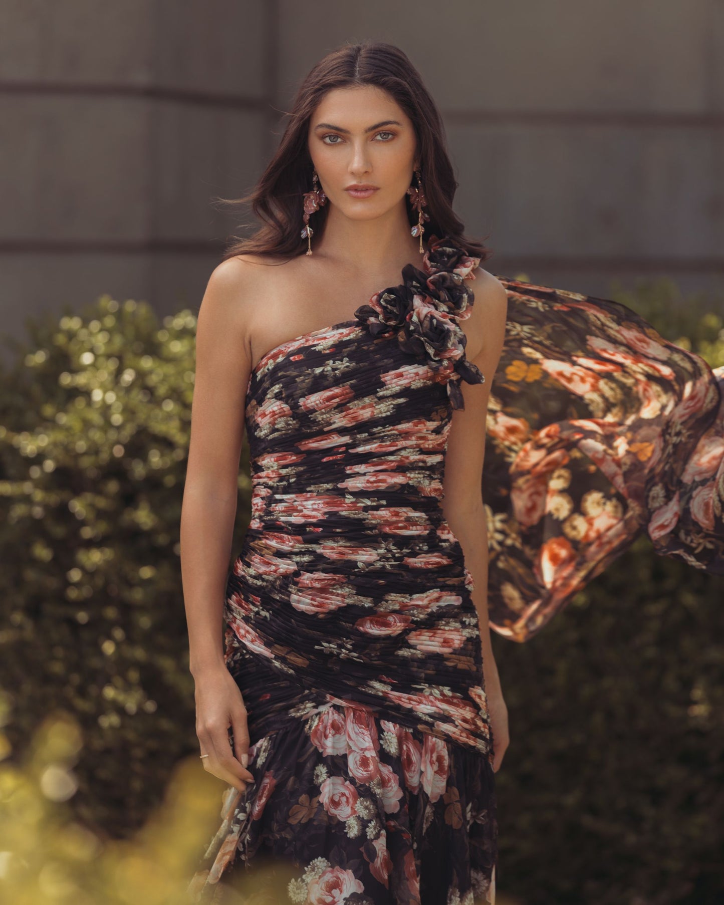 Black One Shoulder Floral Printed Chiffon Gown