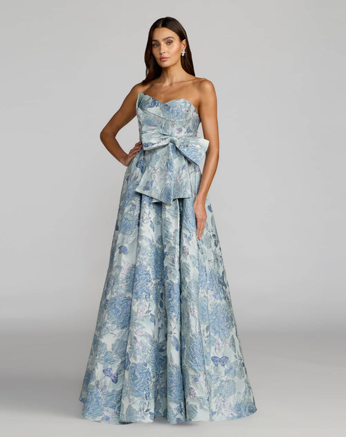 Blue Strapless Floral Brocade Ball Gown with Bow - Mac Duggal