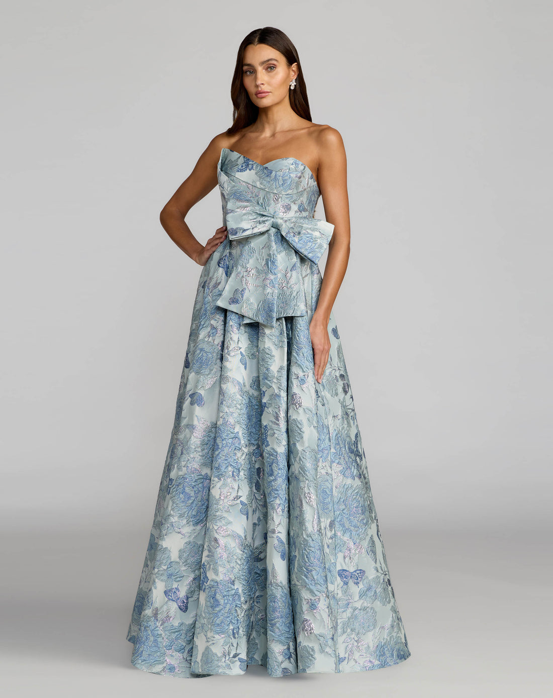 Blue Strapless Floral Brocade Ball Gown with Bow - Mac Duggal