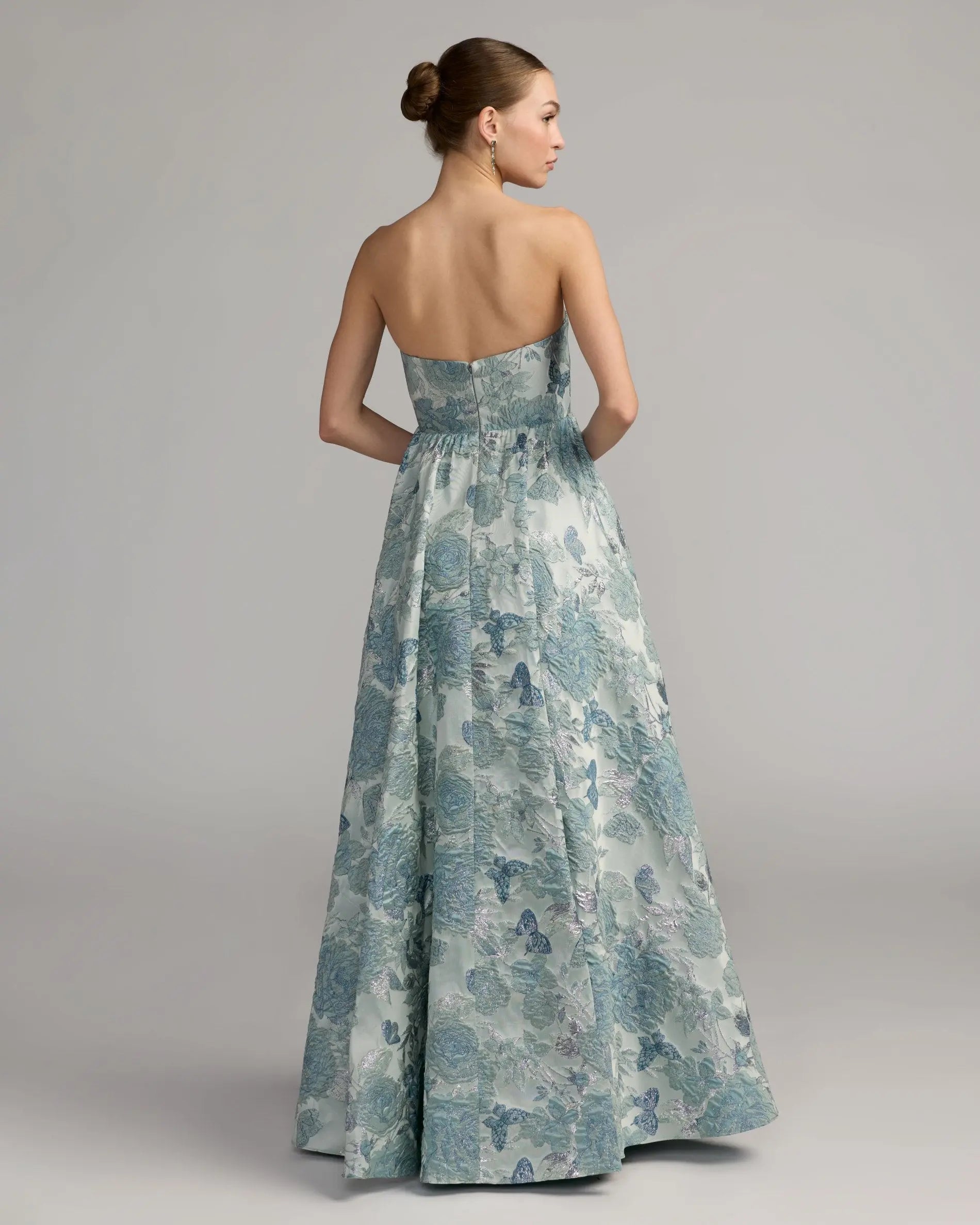 Blue Strapless Floral Brocade Ball Gown Mac Duggal