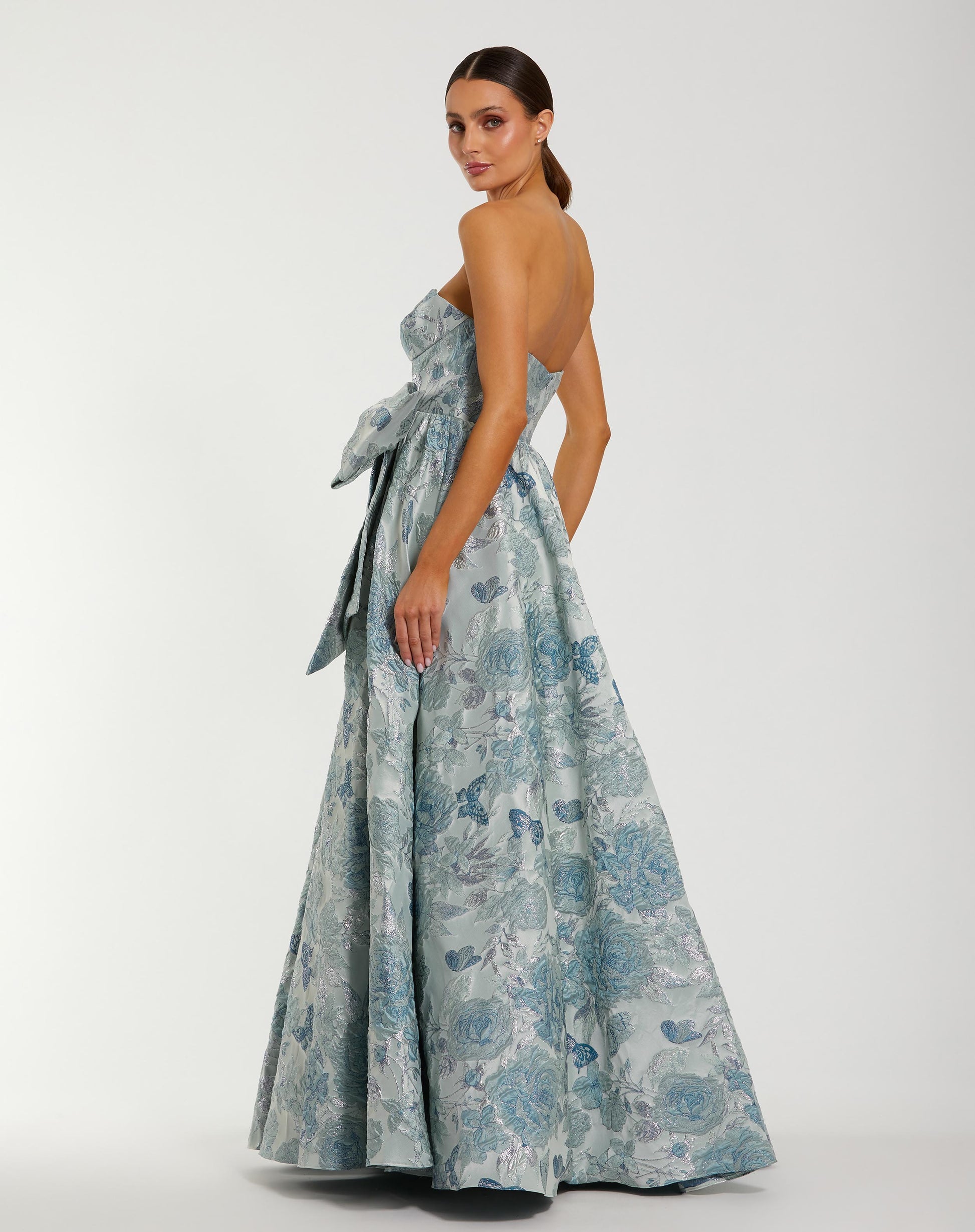 Blue Strapless Floral Brocade Ball Gown with Bow - Mac Duggal