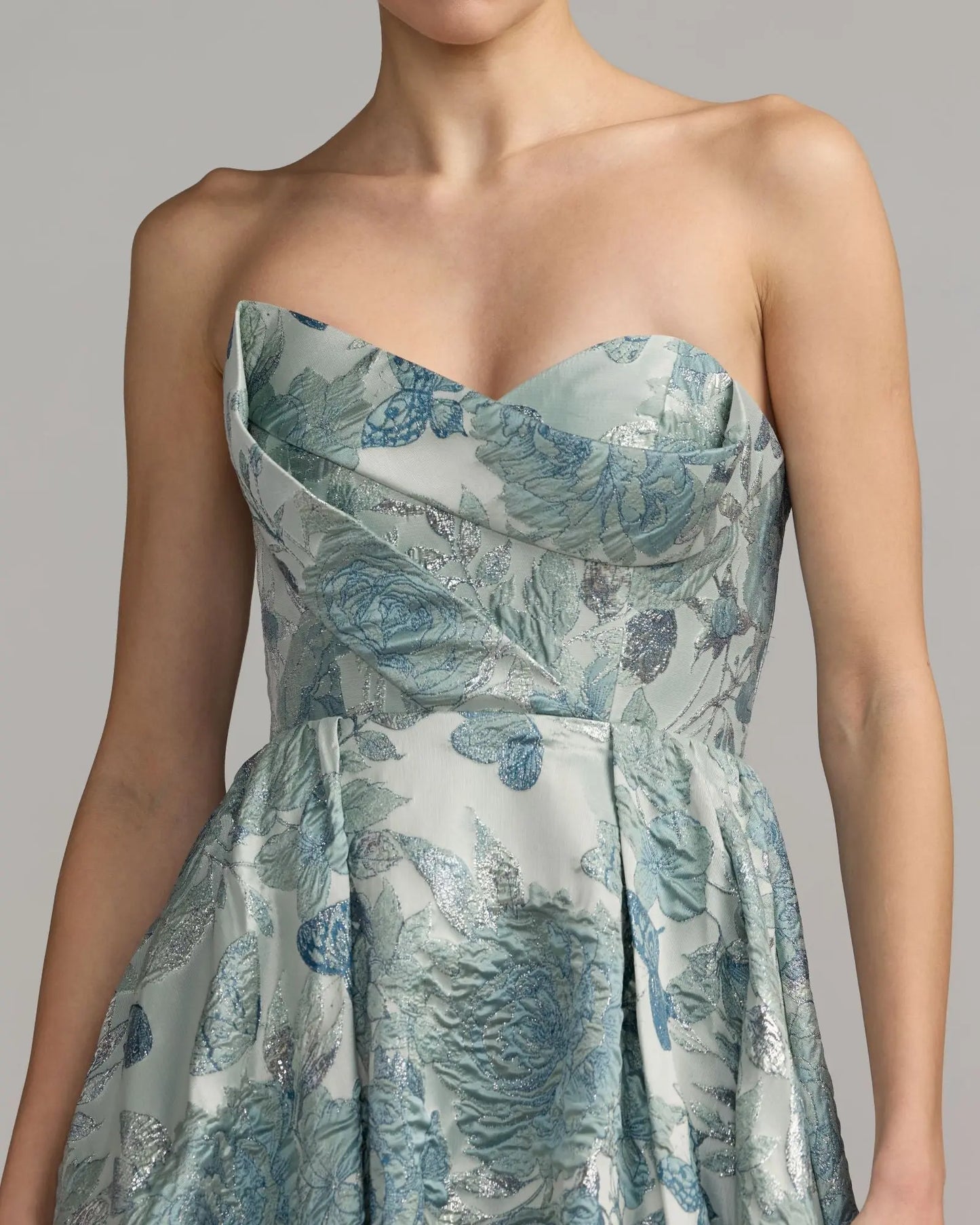 Blue Strapless Floral Brocade Ball Gown Mac Duggal