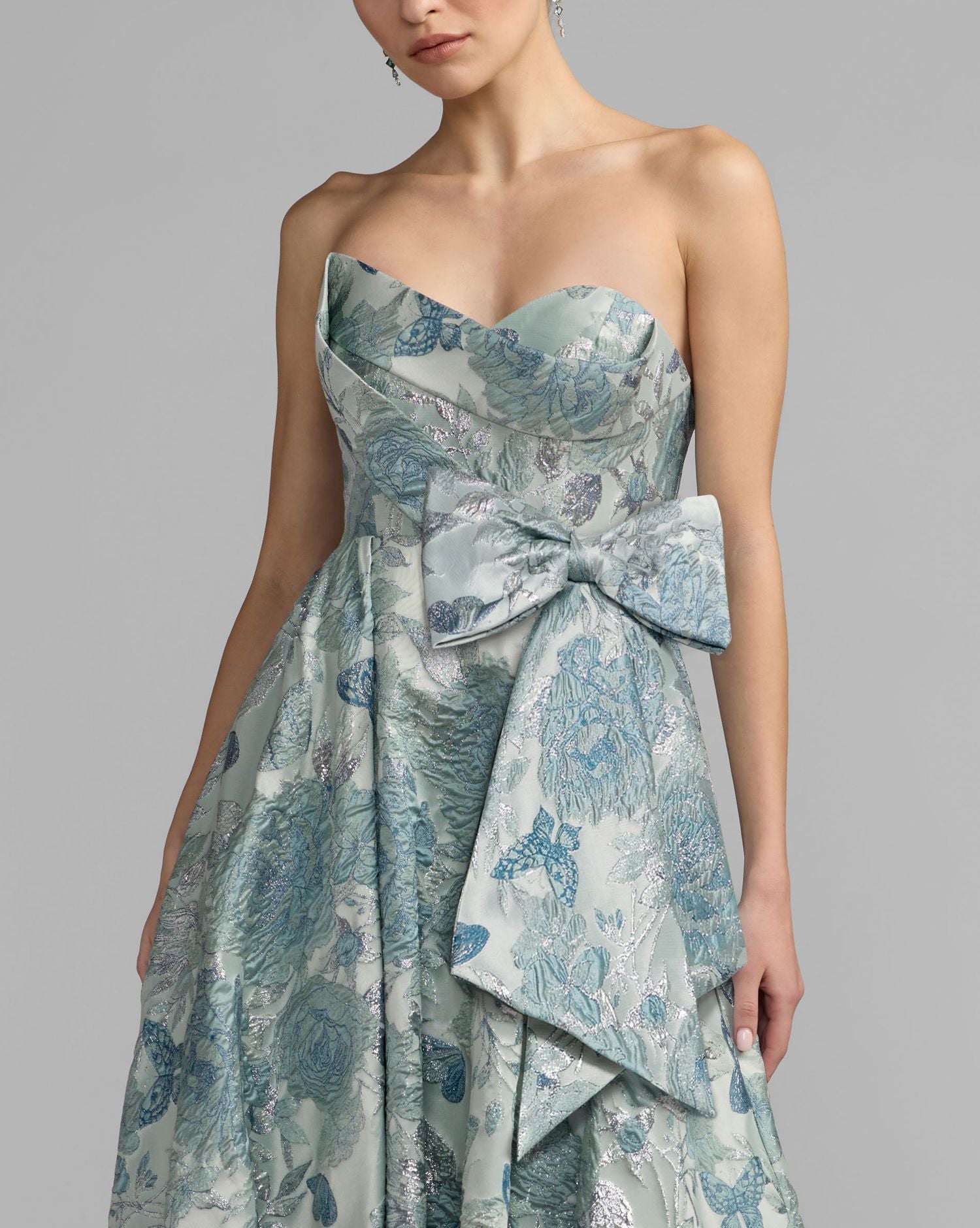 Blue Strapless Floral Brocade Ball Gown Mac Duggal