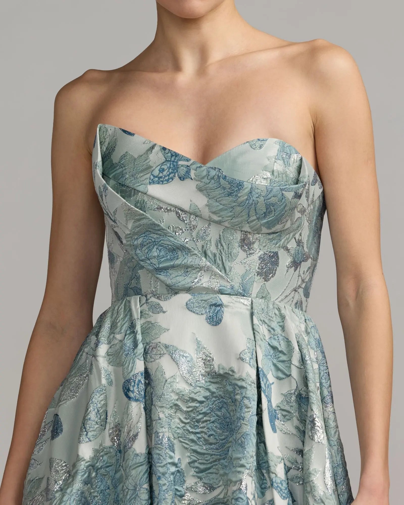 Blue Strapless Floral Brocade Ball Gown Mac Duggal