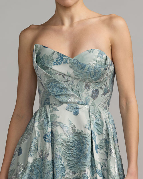 Blue Strapless Floral Brocade Ball Gown - Mac Duggal