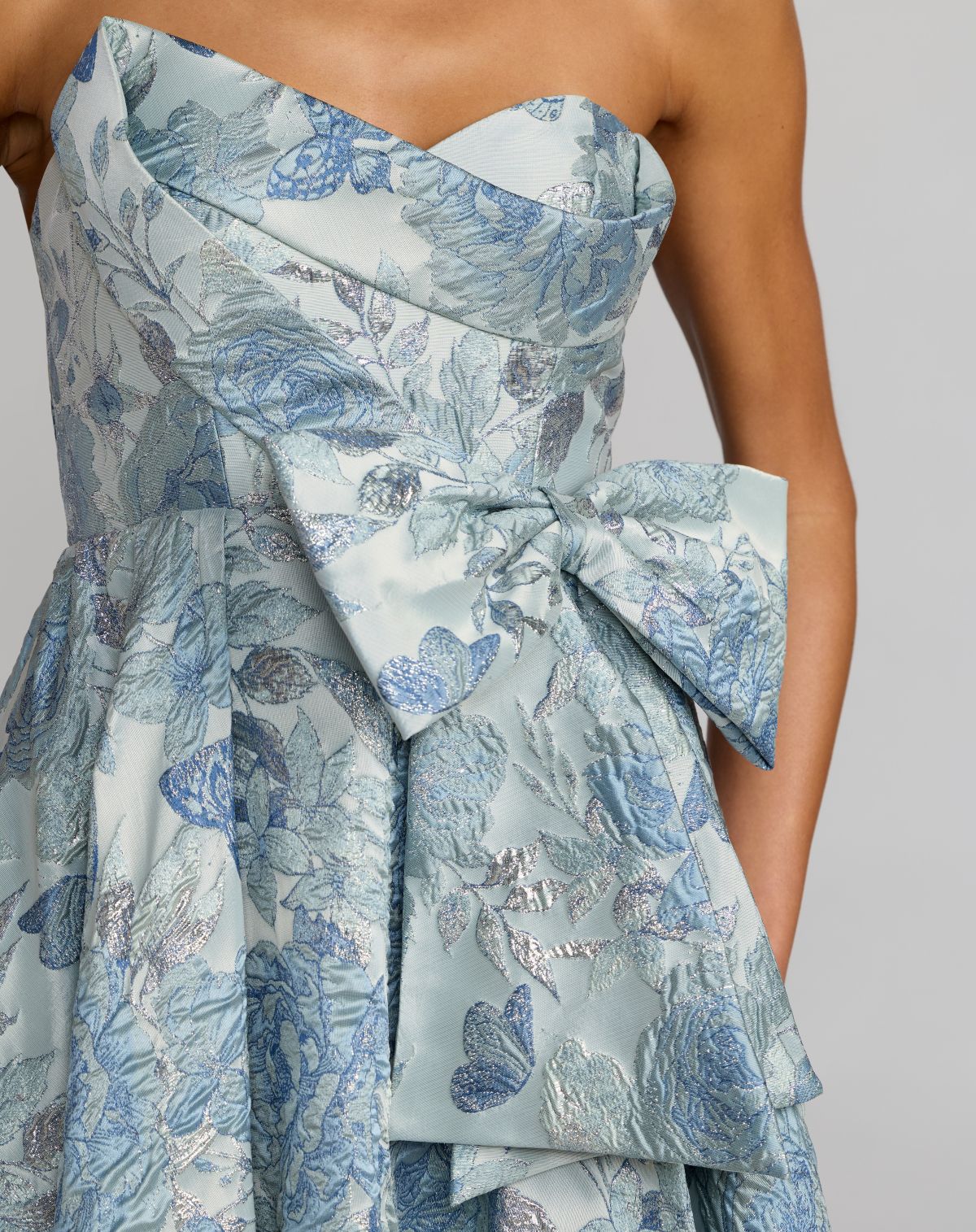 Blue Strapless Floral Brocade Ball Gown with Bow Mac Duggal