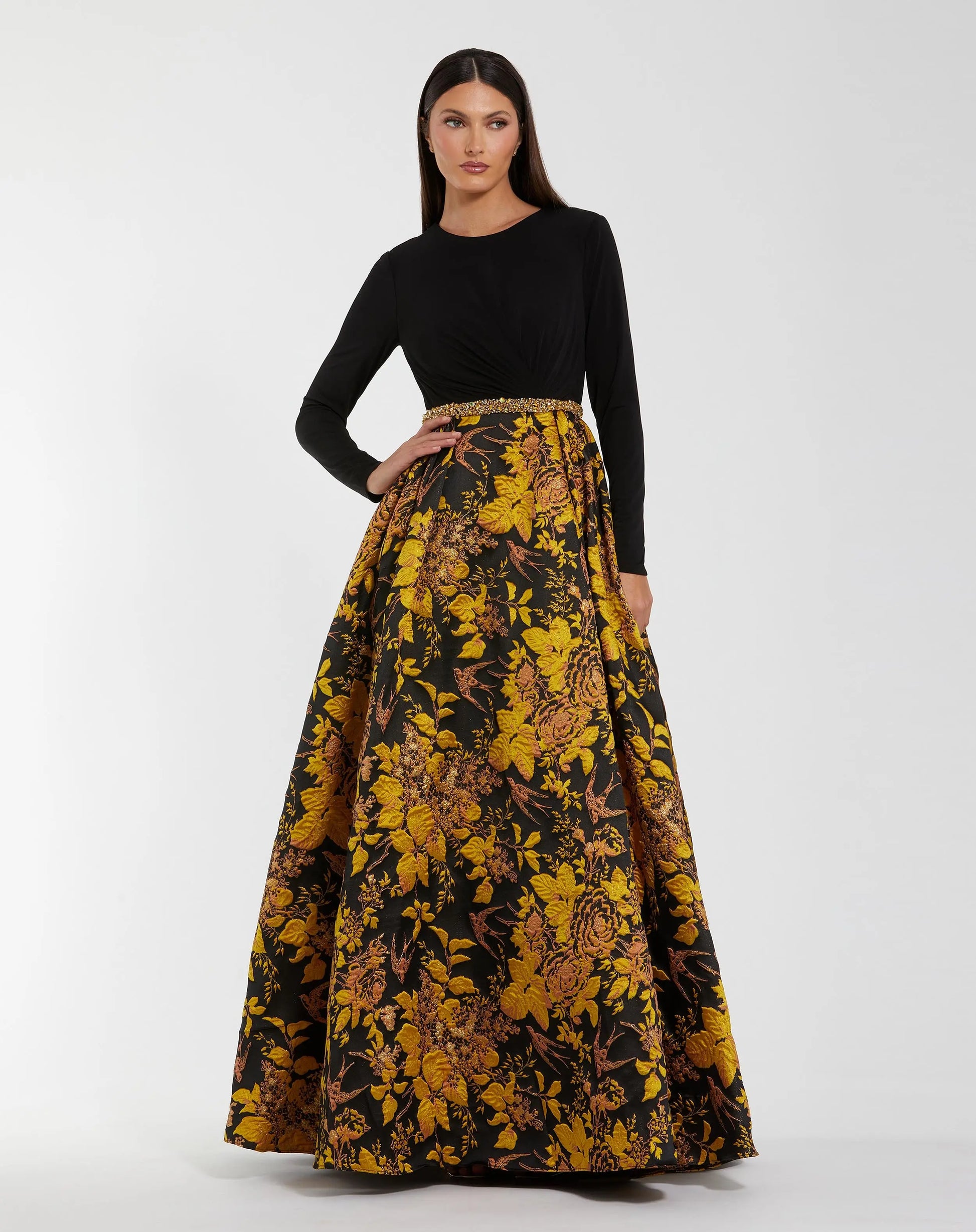 Mac Duggal - Black Long Sleeve Floral Brocade Ball Gown - Black Gold / US 4 Mac Duggal - Black Long Sleeve Floral Brocade Ball Gown - Black Gold / US 4