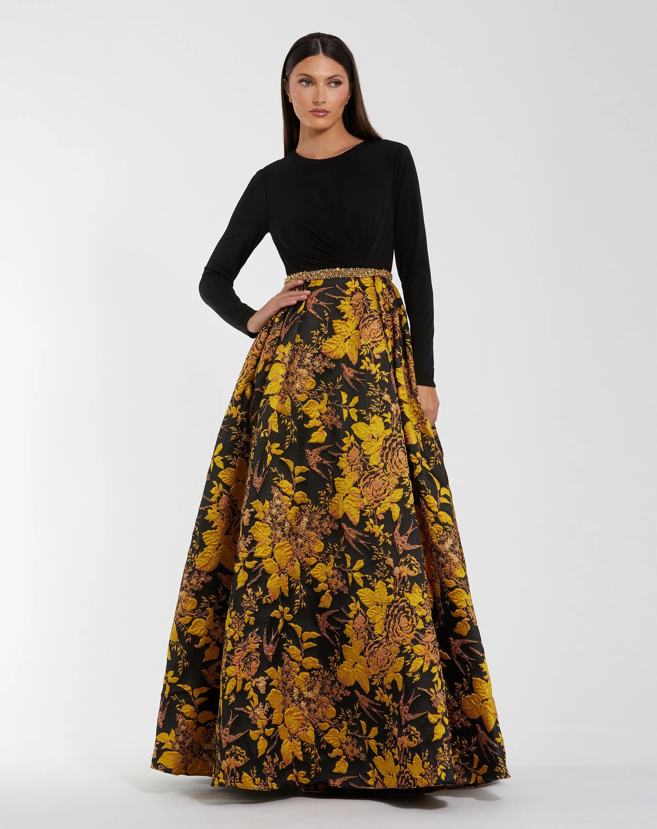 Black Long Sleeve Floral Brocade Ball Gown - Mac Duggal