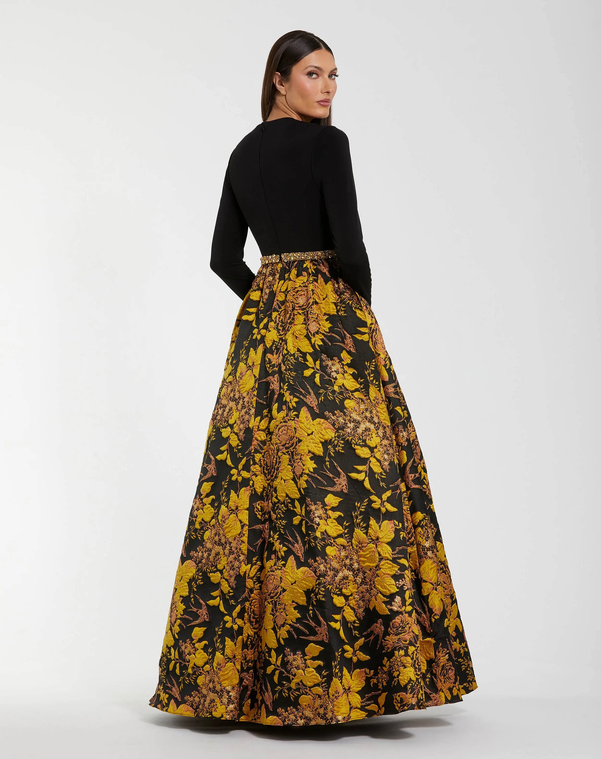 Black Long Sleeve Floral Brocade Ball Gown - Mac Duggal