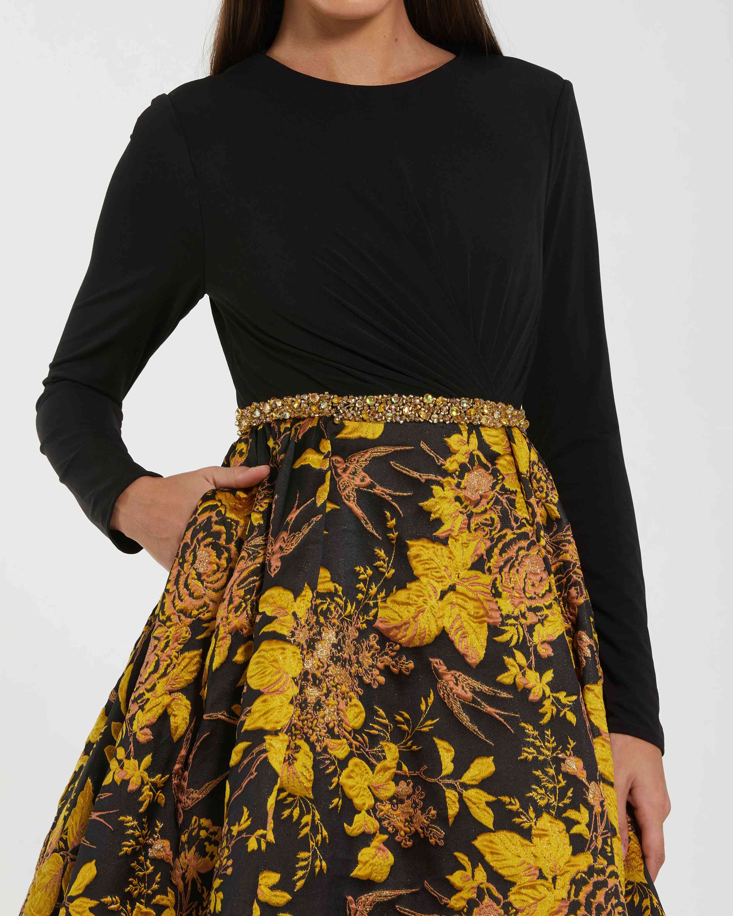 Mac Duggal - Black Long Sleeve Floral Brocade Ball Gown