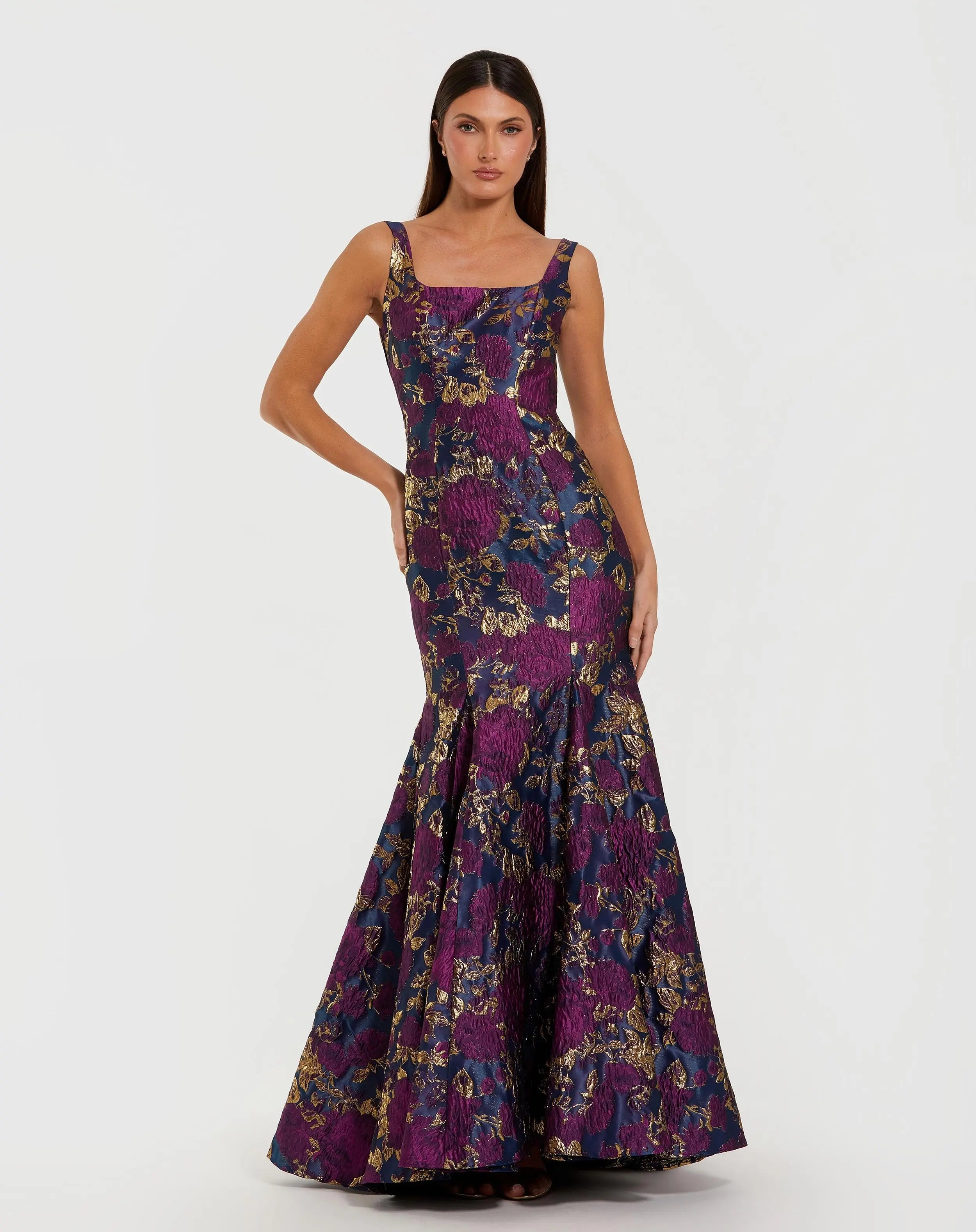 Navy Multicolor Sleeveless Brocade Trumpet Gown - Mac Duggal