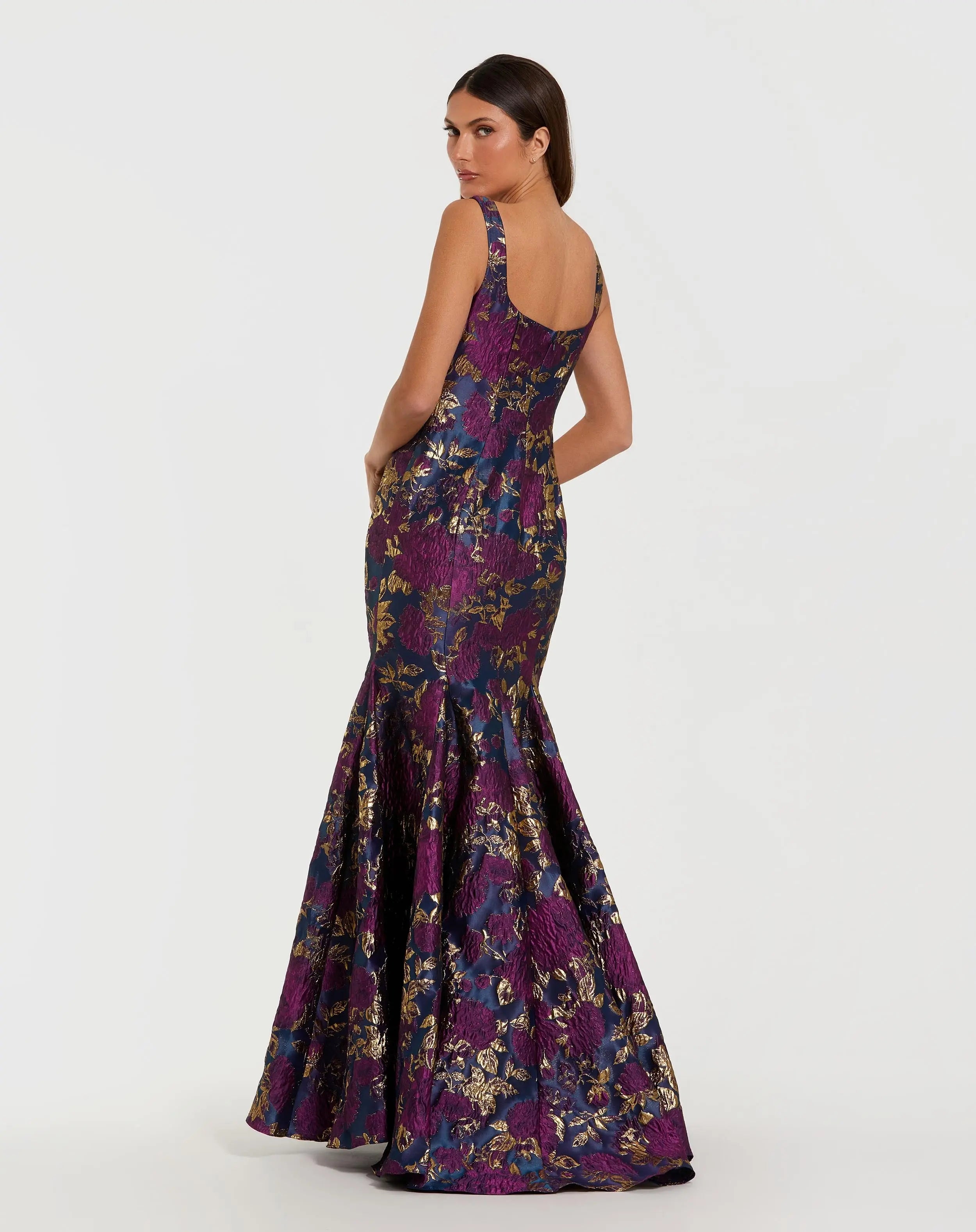 Navy Multicolor Sleeveless Brocade Trumpet Gown - Mac Duggal
