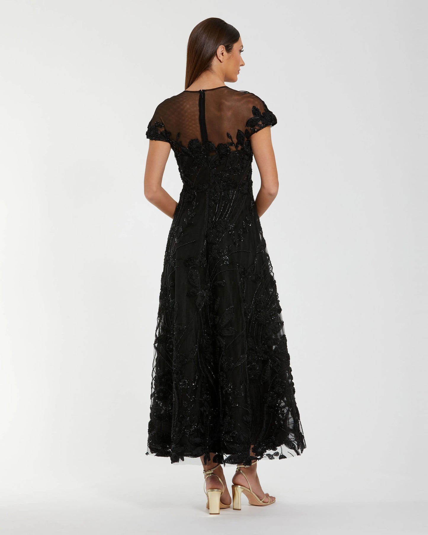 Black Embellished Lace Illusion Neck A-Line Midi Dress - Mac Duggal