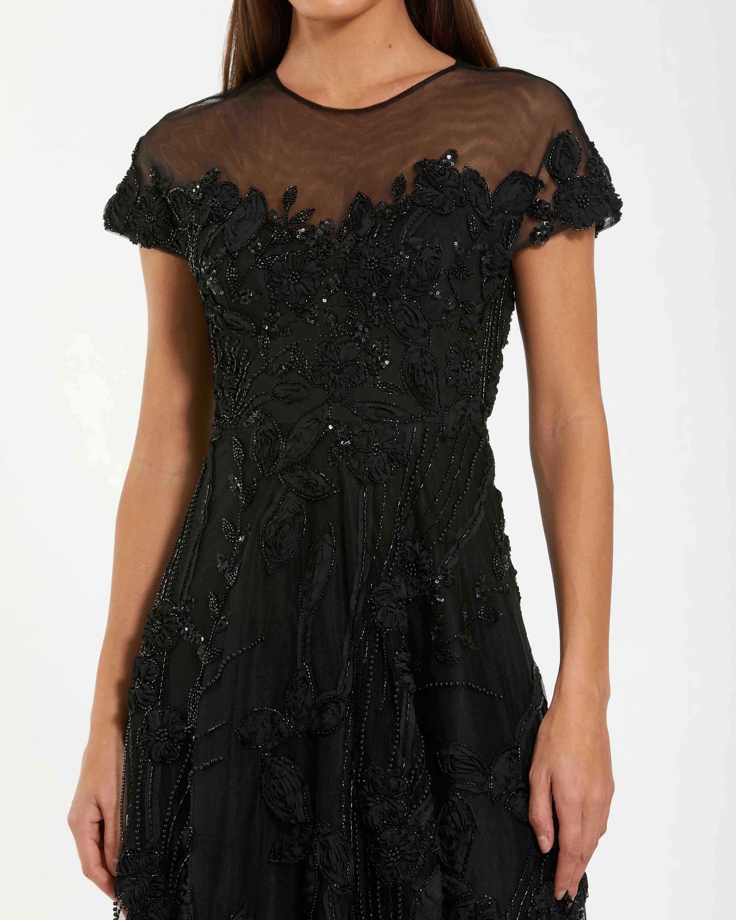 Black Embellished Lace Illusion Neck A-Line Midi Dress - Mac Duggal