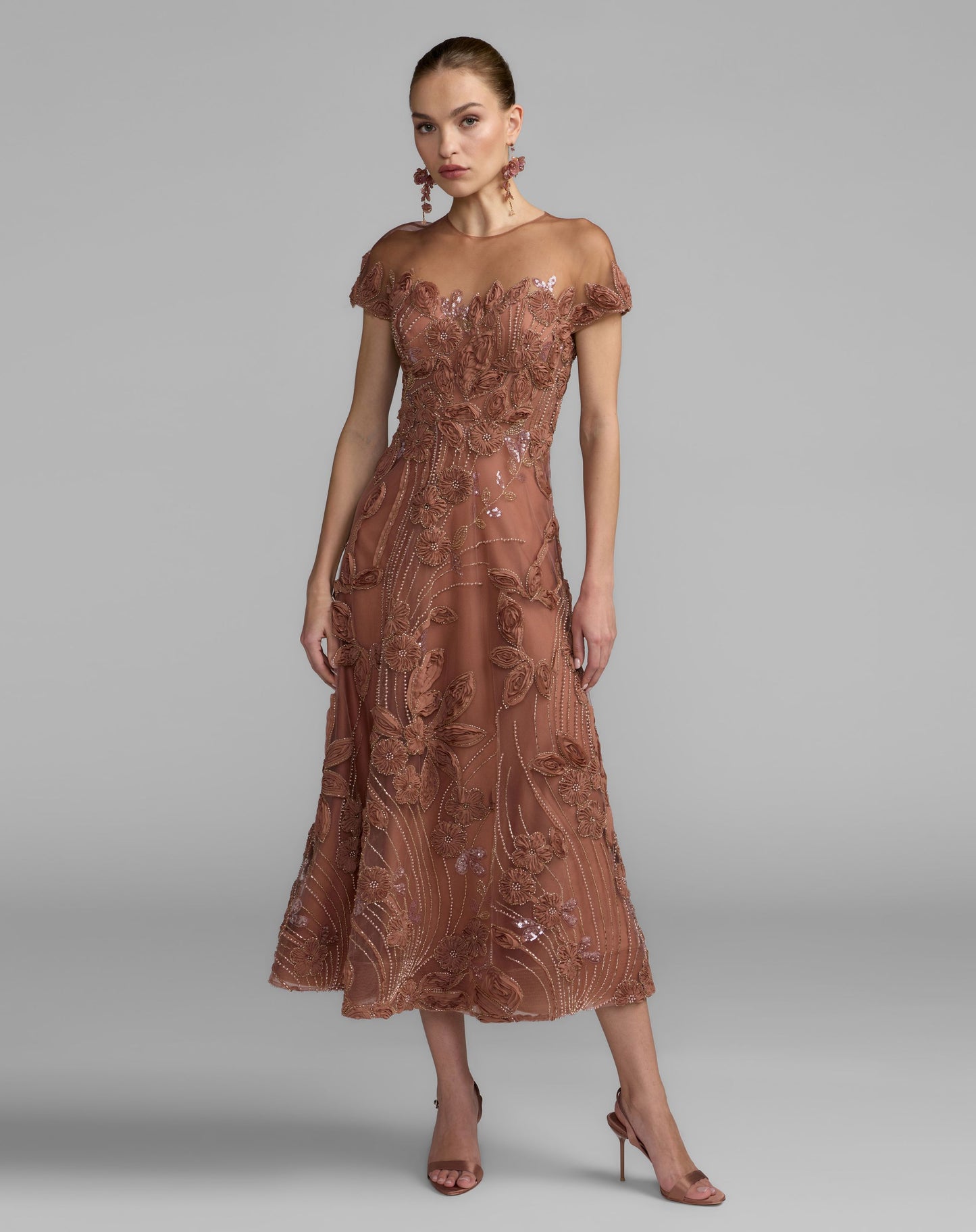 Brown Embellished Lace Illusion Cocktail Dress - Mac Duggal