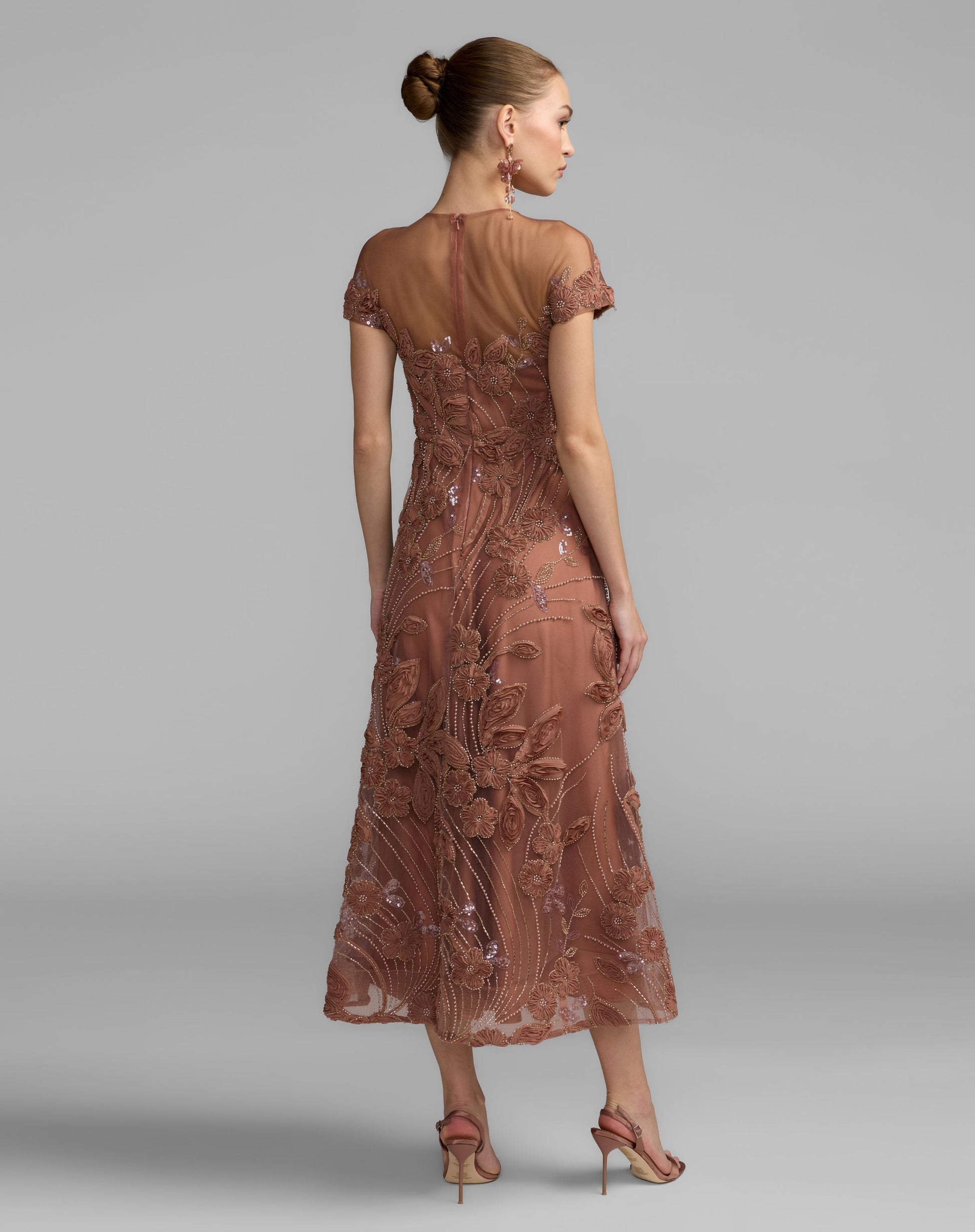 Brown Embellished Lace Illusion Cocktail Dress - Mac Duggal