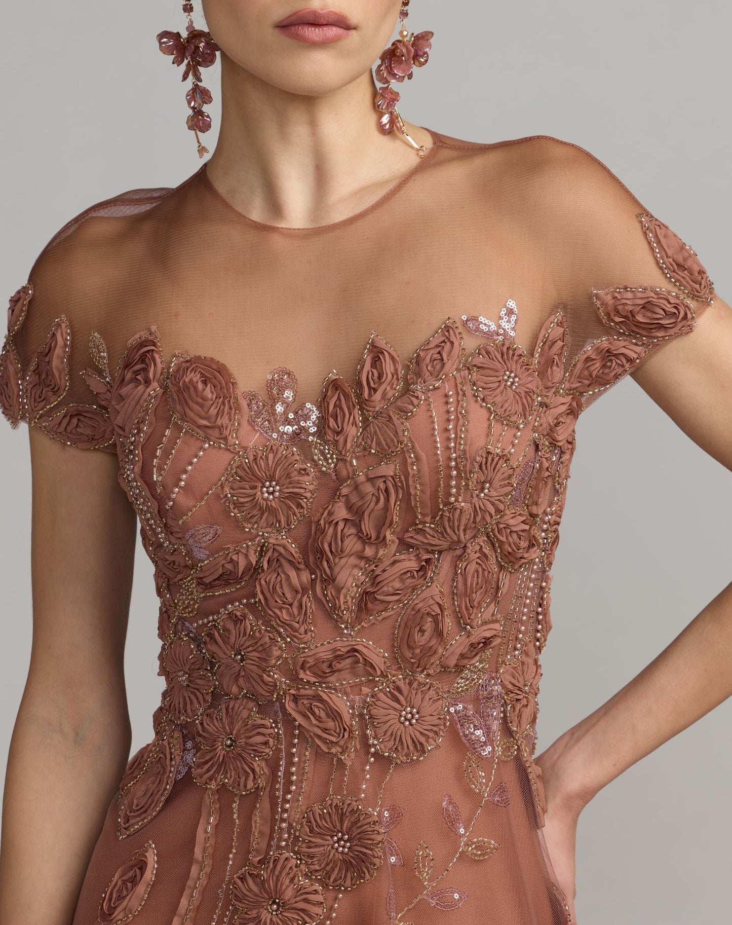 Brown Embellished Lace Illusion Cocktail Dress - Mac Duggal
