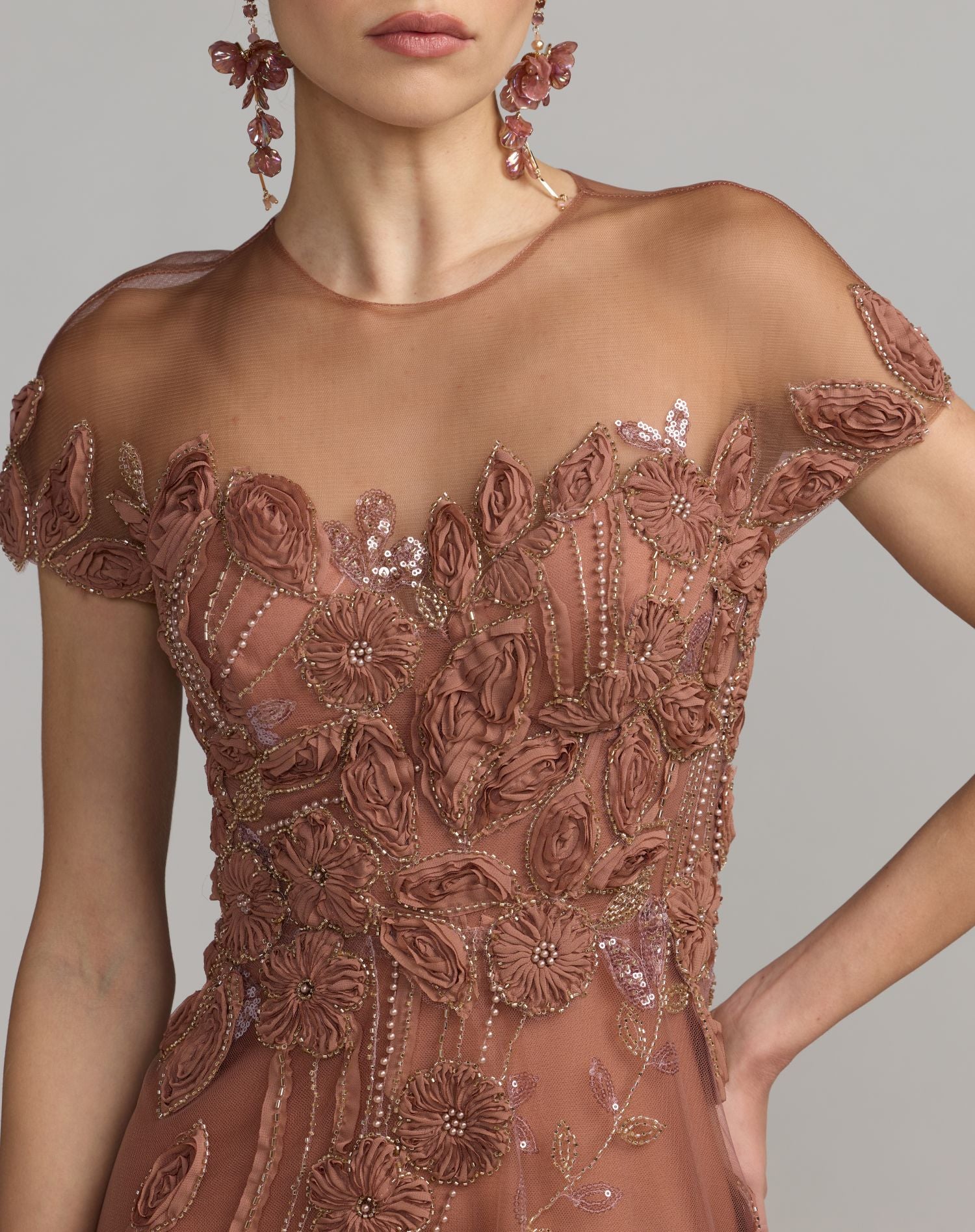 Brown Embellished Lace Illusion Cocktail Dress - Mac Duggal