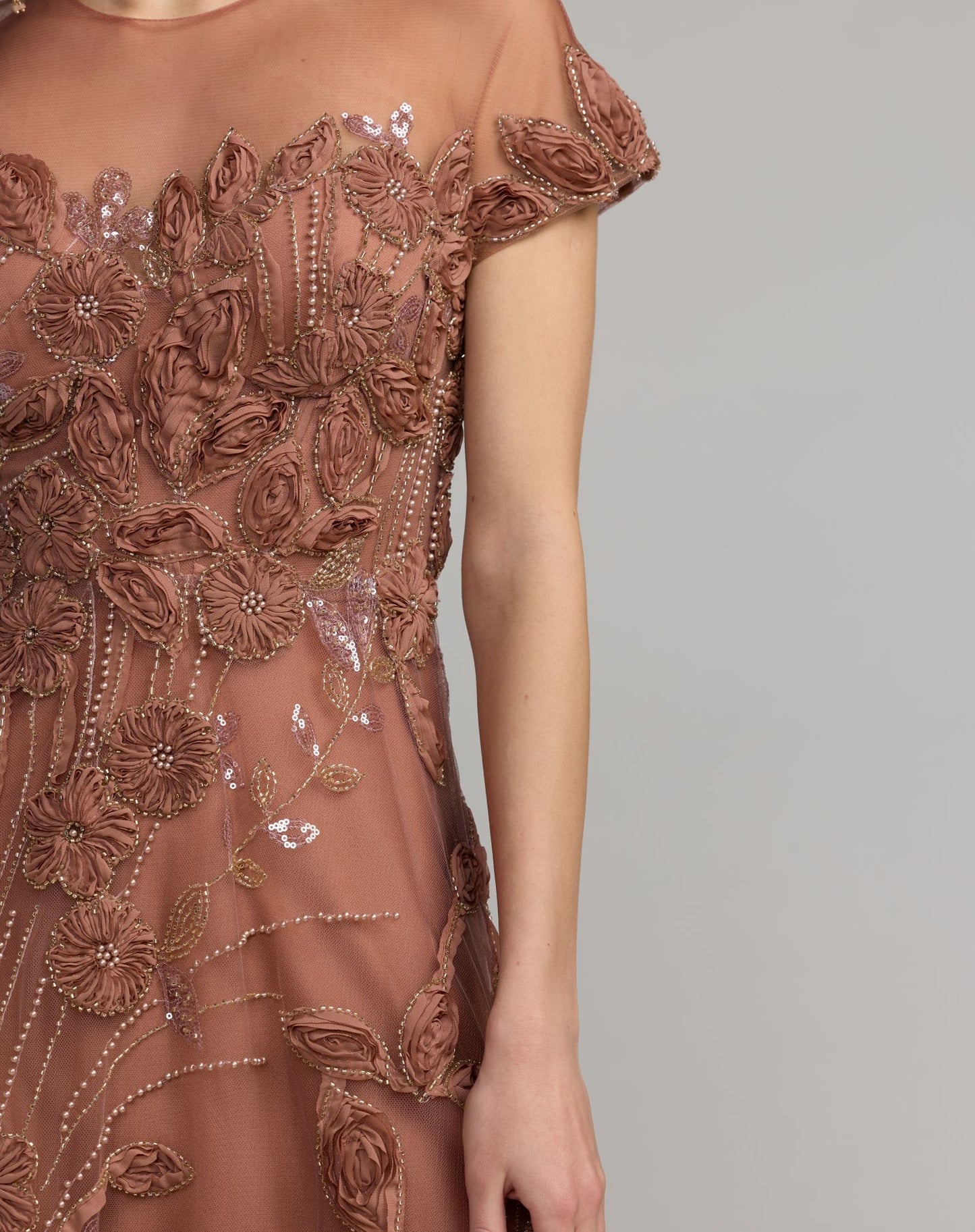 Brown Embellished Lace Illusion Cocktail Dress - Mac Duggal