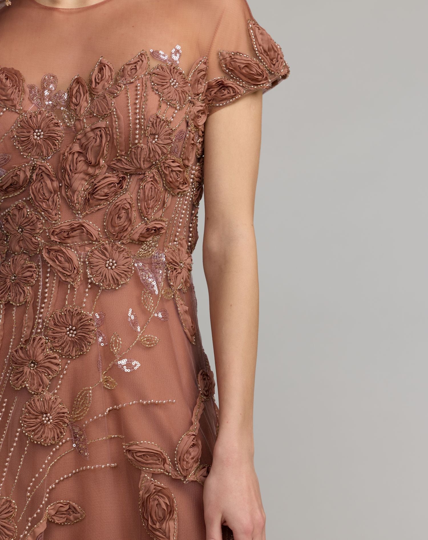 Brown Embellished Lace Illusion Cocktail Dress - Mac Duggal