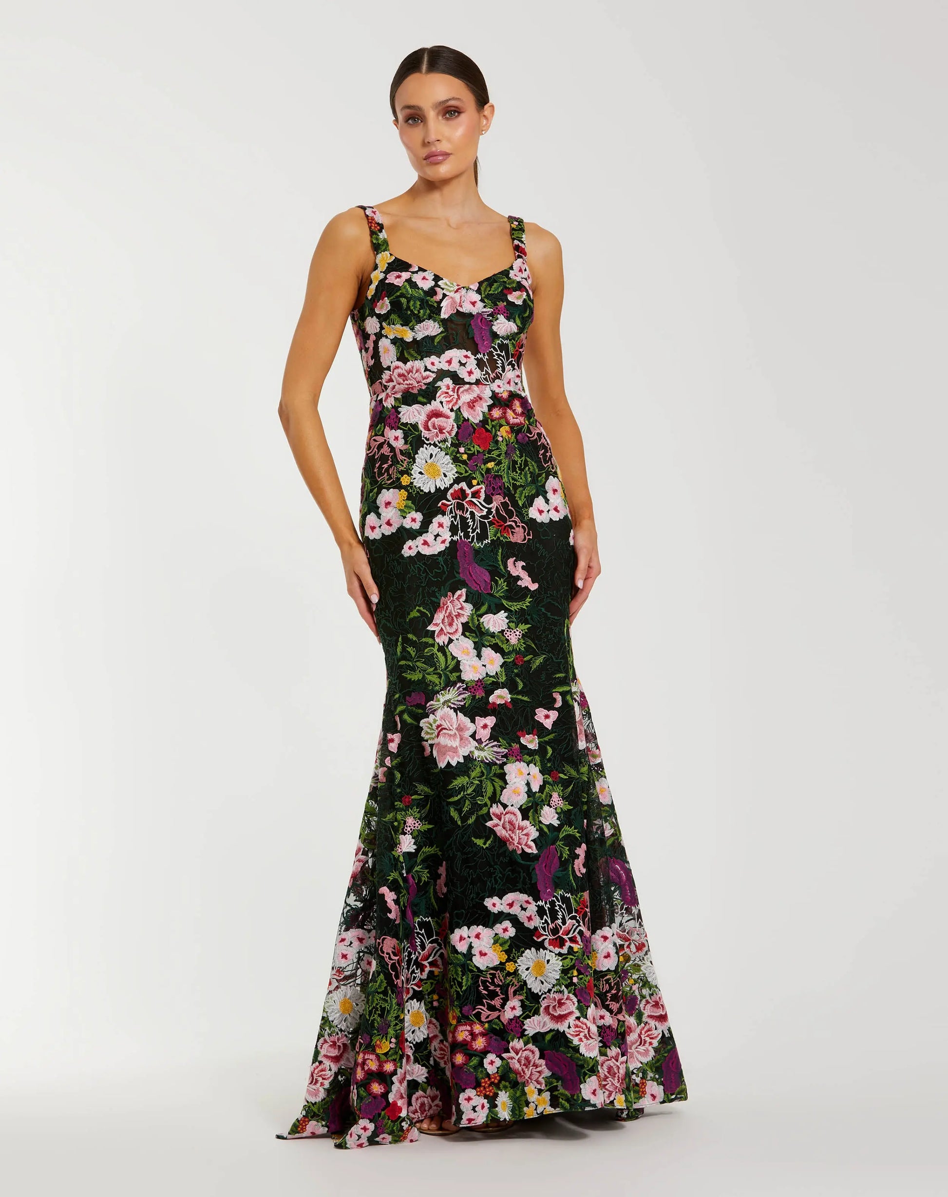 mac duggal black mermaid dress Black Sleeveless Mermaid Gown With 3D Floral Hem