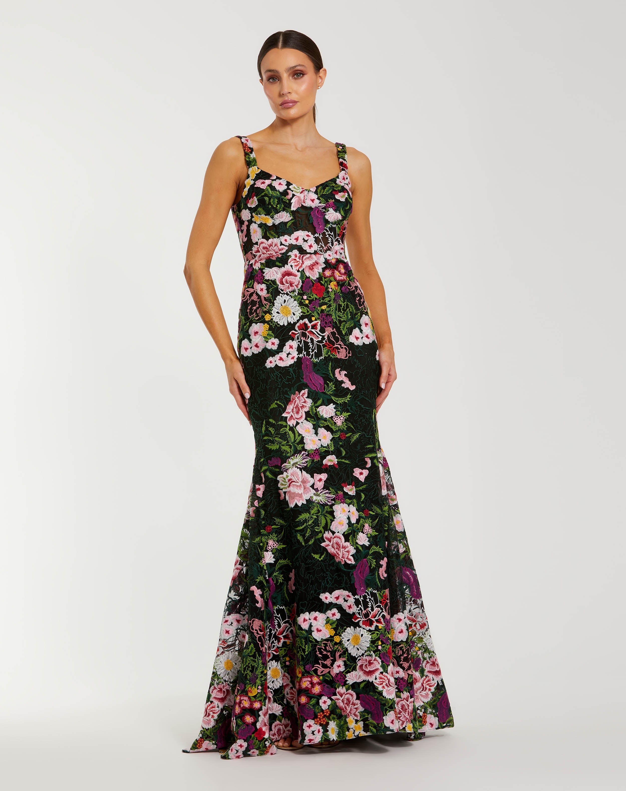 Black Sleeveless Floral Embroidered Mermaid Gown - Mac Duggal