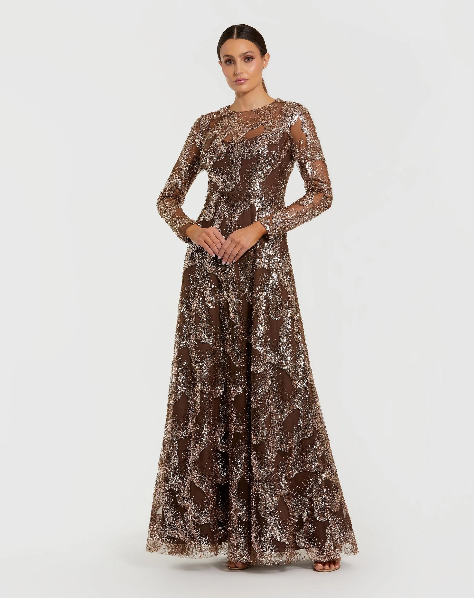 Brown Embellished Long Sleeve High Neck Evening Gown | Mac Duggal Brown Embellished Long Sleeve High Neck Evening Gown | Mac Duggal