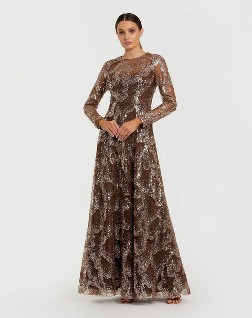 Brown Embellished Long Sleeve High Neck Evening Gown - Mac Duggal