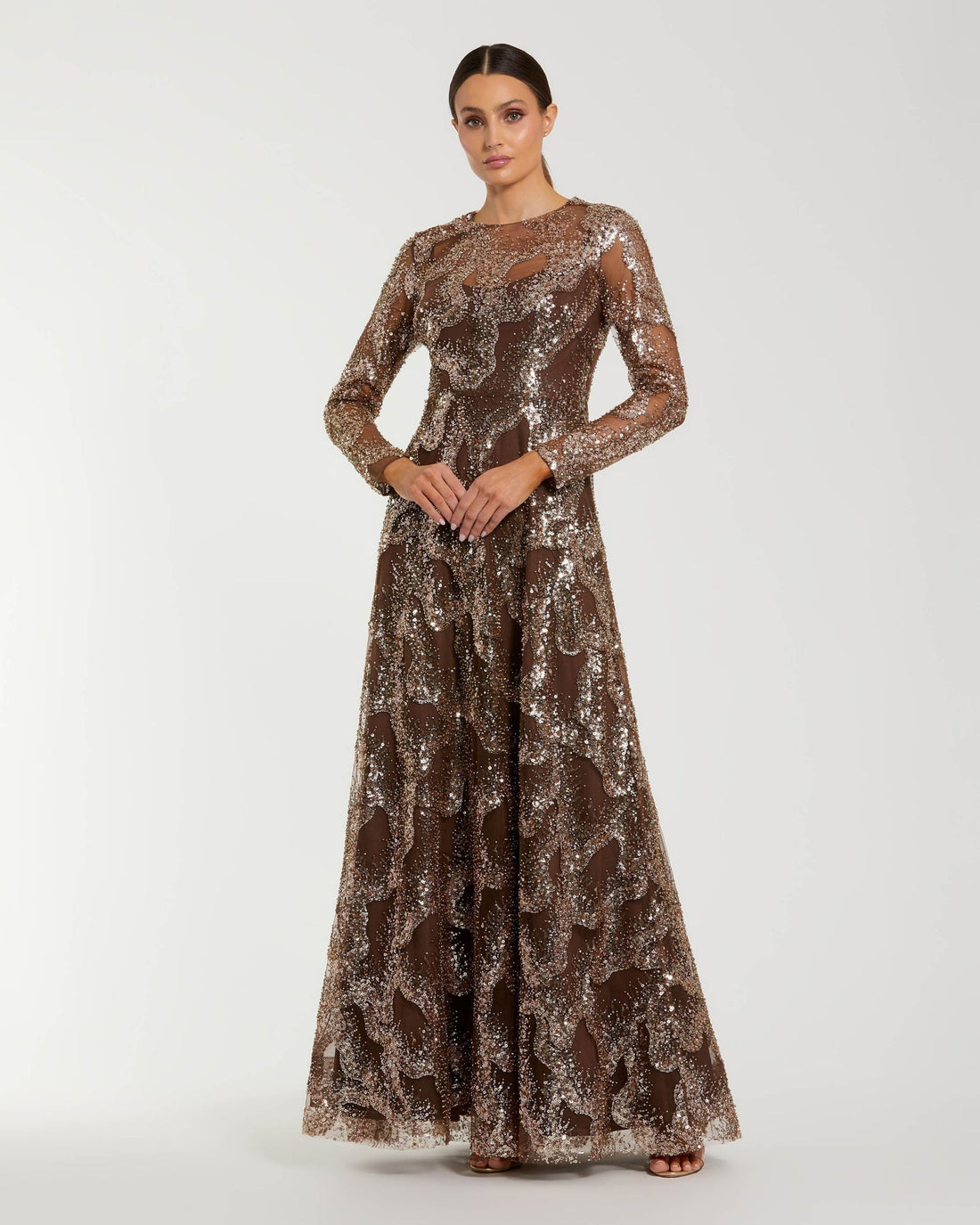 Brown Embellished Long Sleeve High Neck Evening Gown