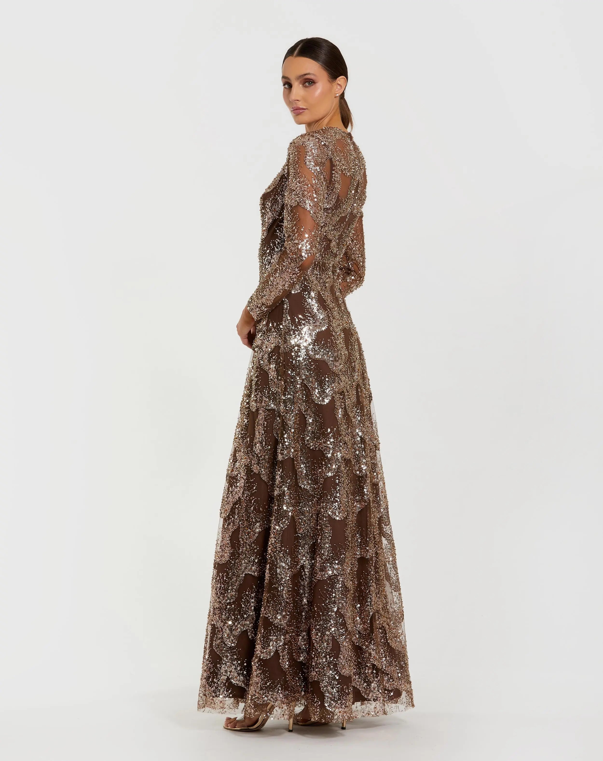 Brown Embellished Long Sleeve High Neck Evening Gown - Mac Duggal