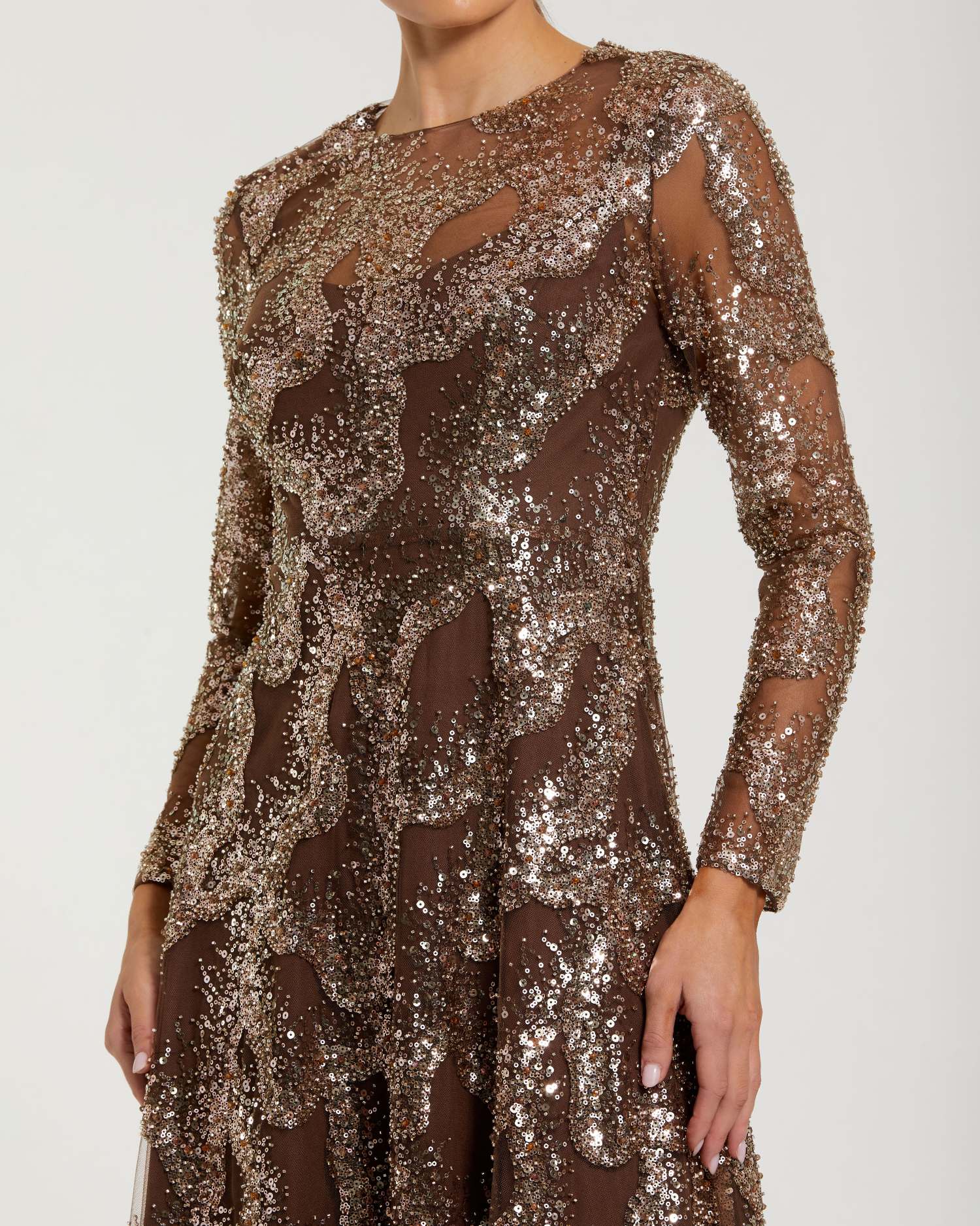 Mac Duggal Women's Embellished Mesh Long Sleeve High Neck Gown - Bronze Mac Duggal Women's Embellished Mesh Long Sleeve High Neck Gown - Bronze