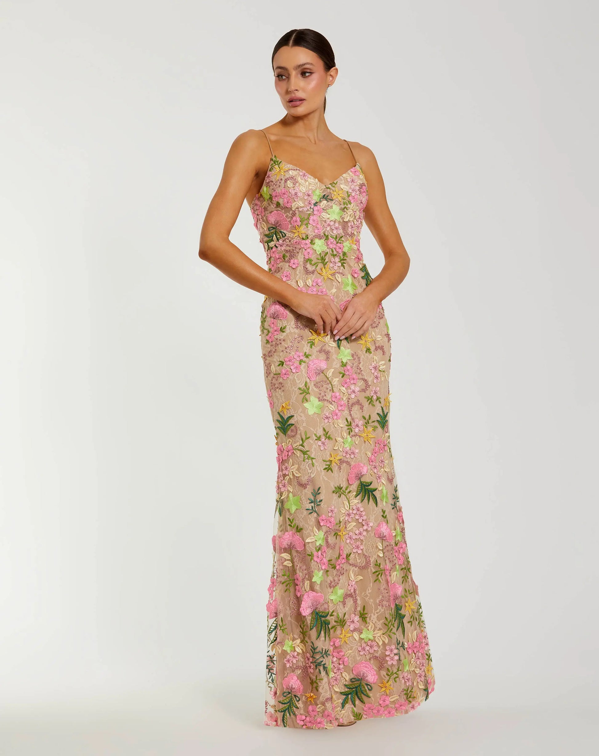 mac duggal dress Beige Multi Floral Rhinestone Embroidered Column Gown