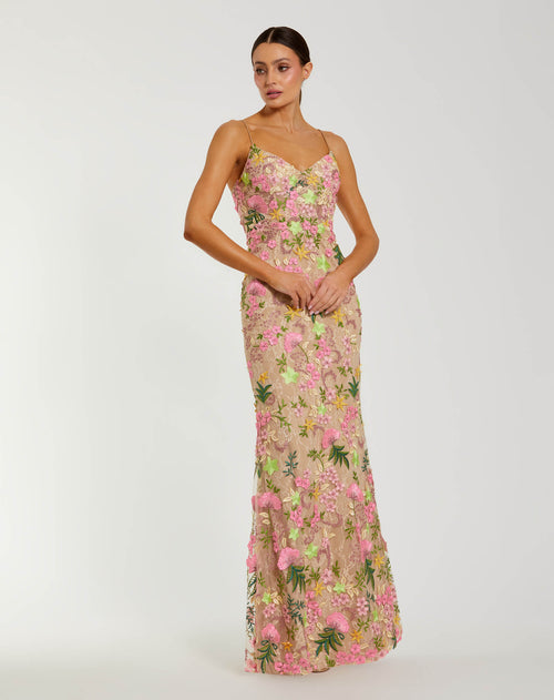 Beige Multi Floral Rhinestone Embroidered Column Gown Mac Duggal