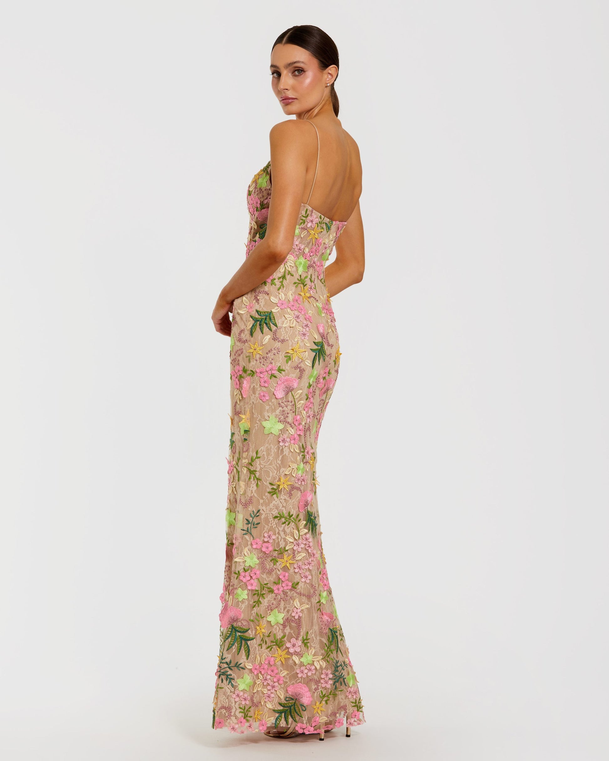 Beige Multi Floral Rhinestone Embroidered Column Gown Mac Duggal