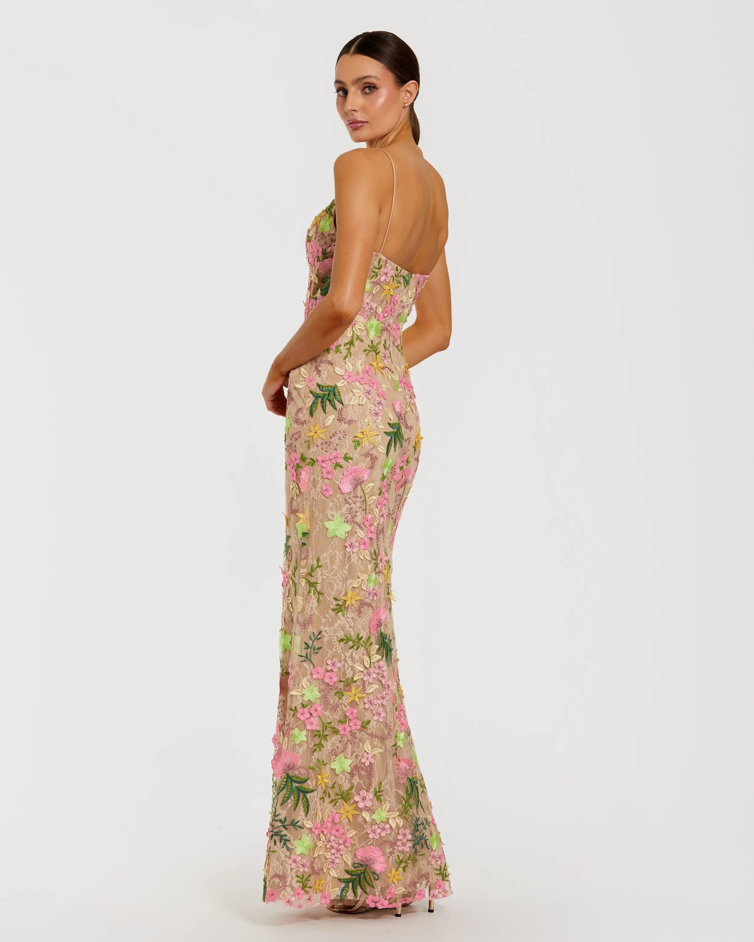Beige Multi Floral Rhinestone Embroidered Column Gown Mac Duggal