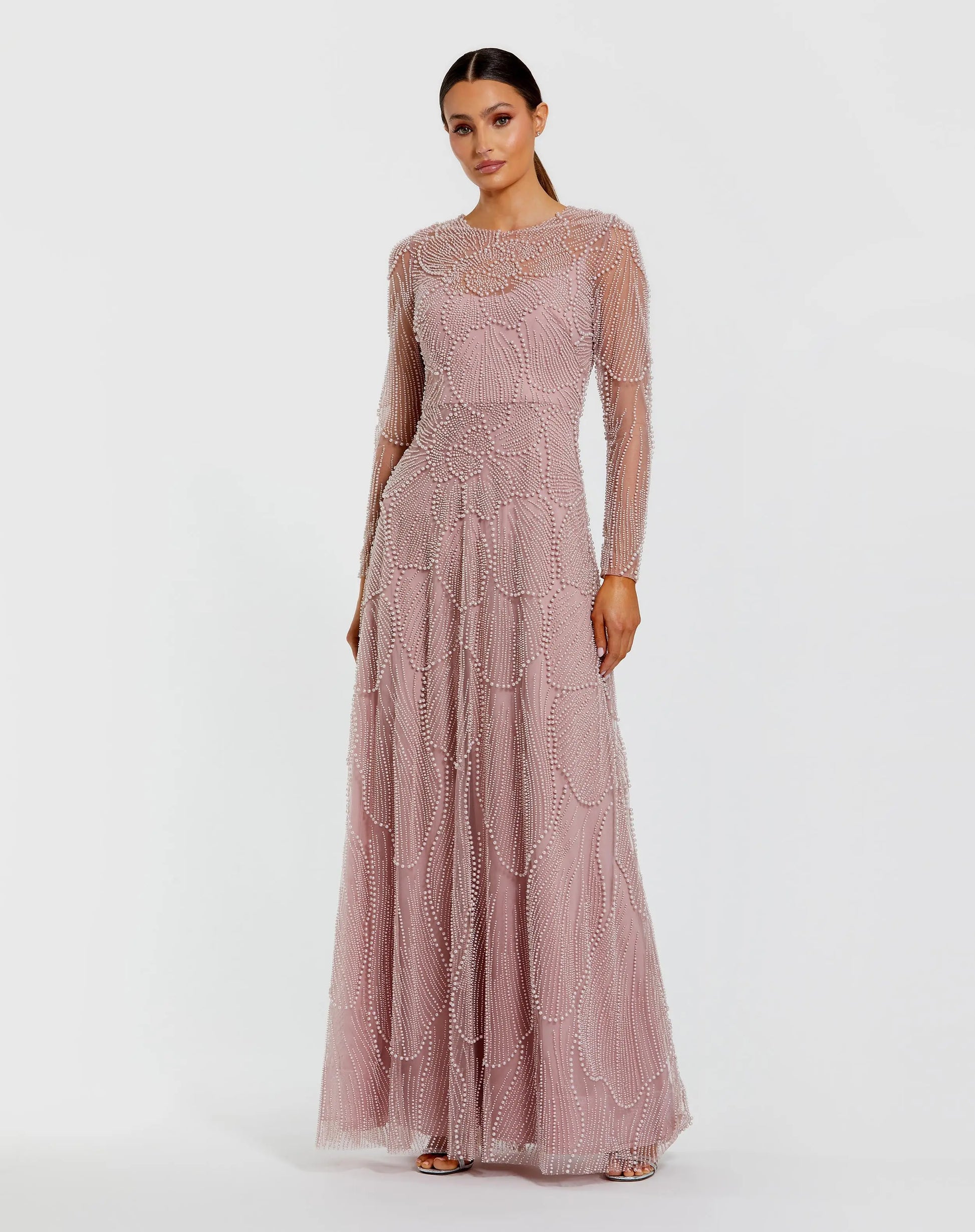 Pink Beaded High Neck Long Sleeve A Line Gown Pink Beaded High Neck Long Sleeve A Line Gown