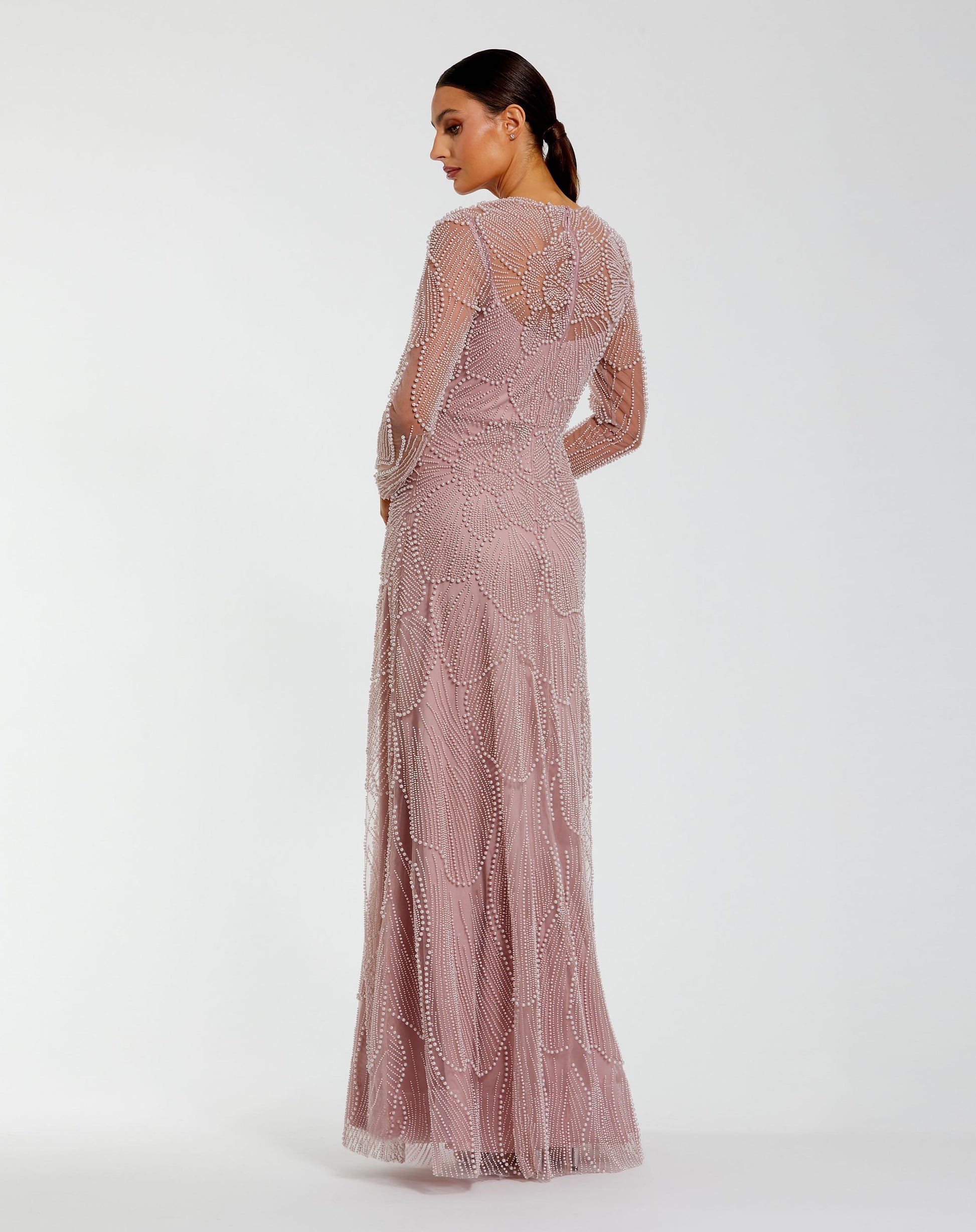 Pink Beaded High Neck Long Sleeve A Line Gown - Mac Duggal