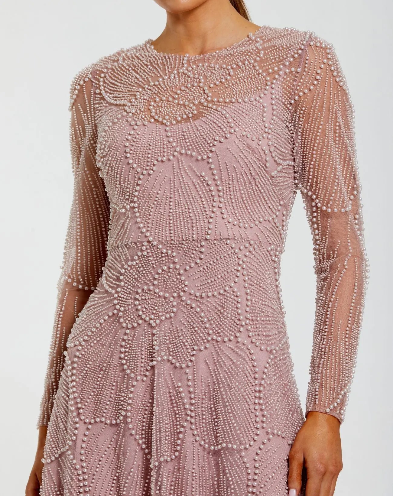 Pink Beaded High Neck Long Sleeve A Line Gown - Mac Duggal