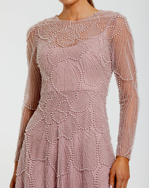 Pink Beaded High Neck Long Sleeve A Line Gown - Mac Duggal