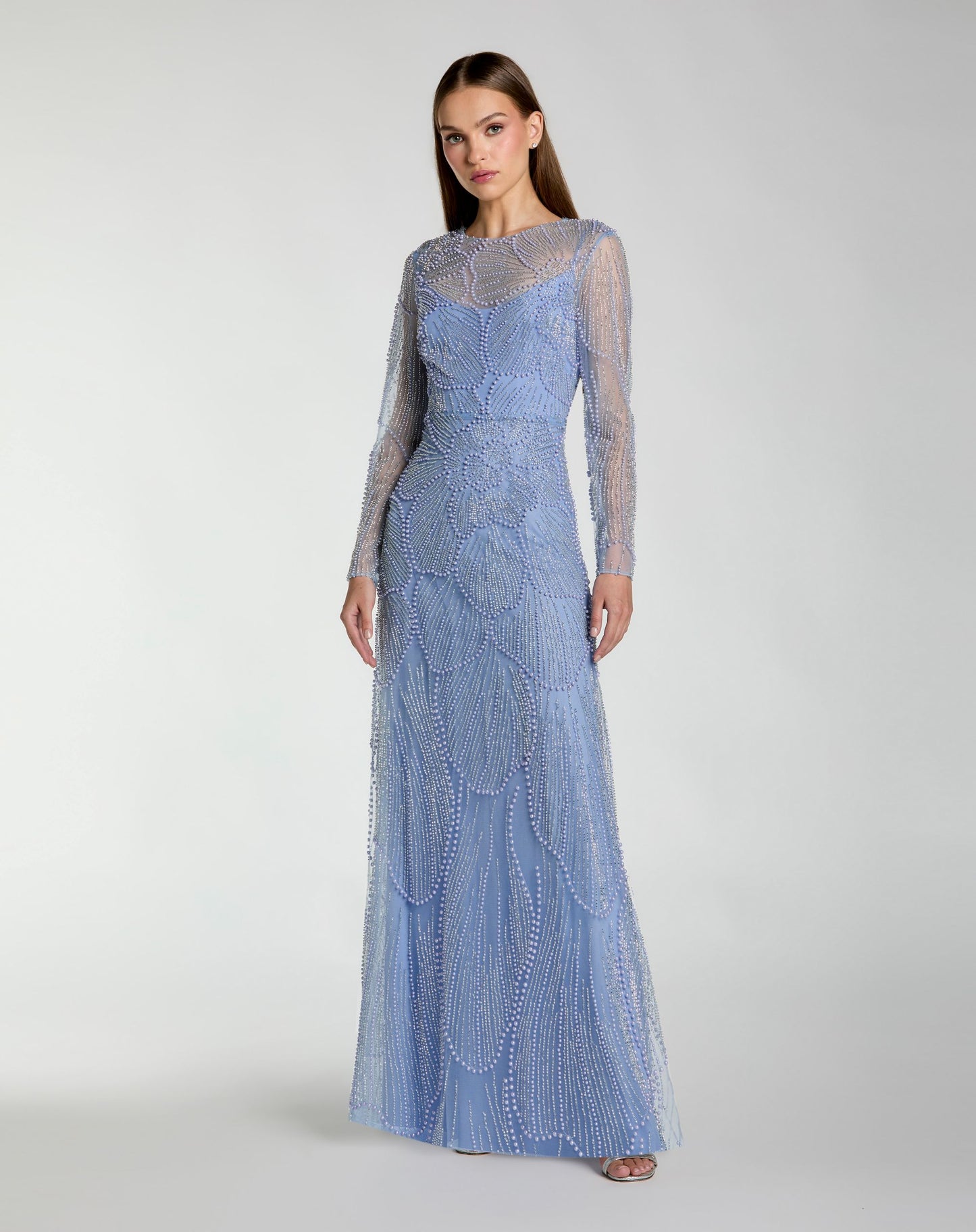 Blue Beaded High Neck Long Sleeve A Line Gown - Mac Duggal