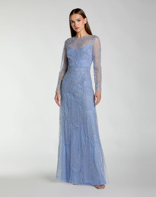 Blue Beaded High Neck Long Sleeve A Line Gown - Mac Duggal