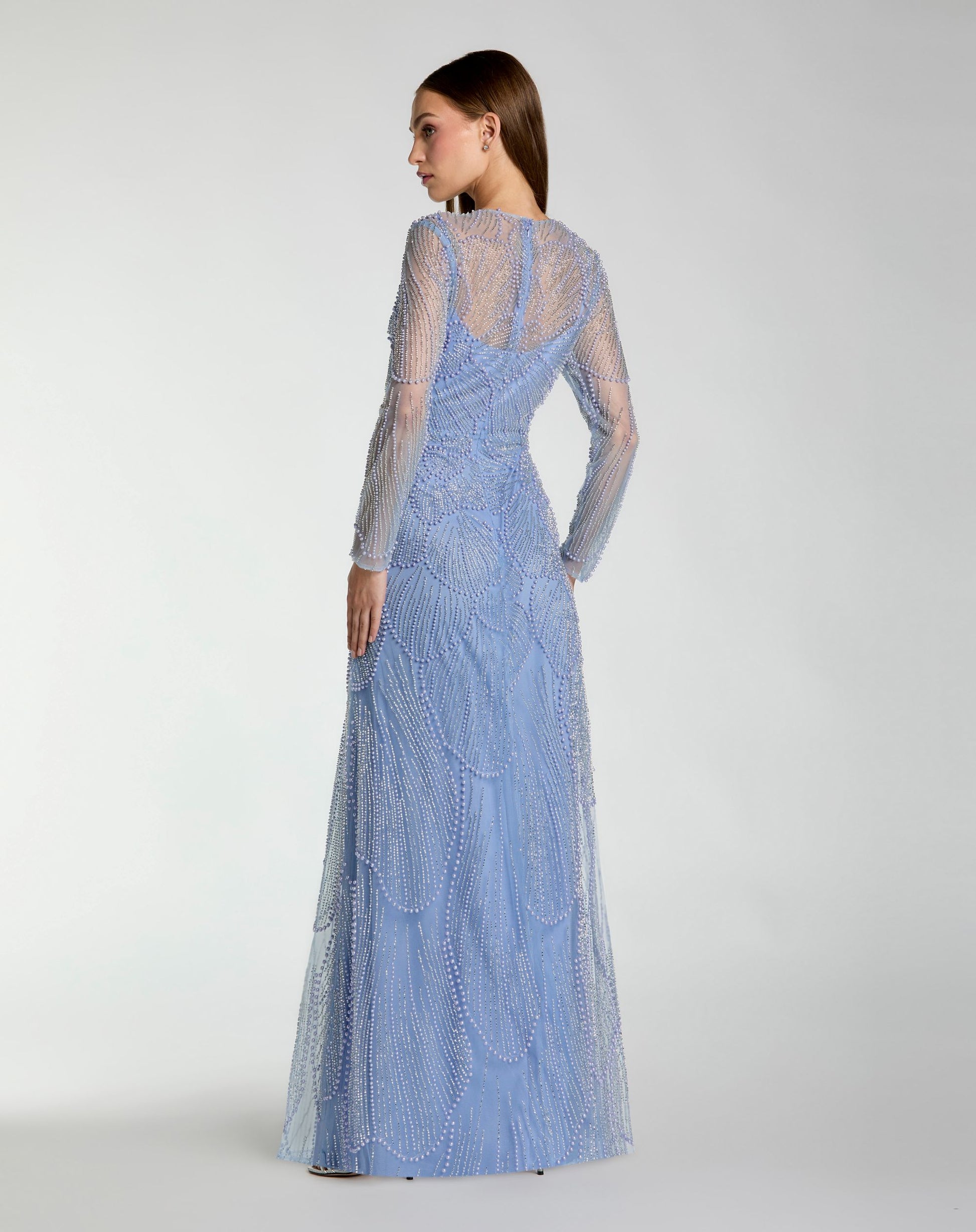 Blue Beaded High Neck Long Sleeve A Line Gown - Mac Duggal