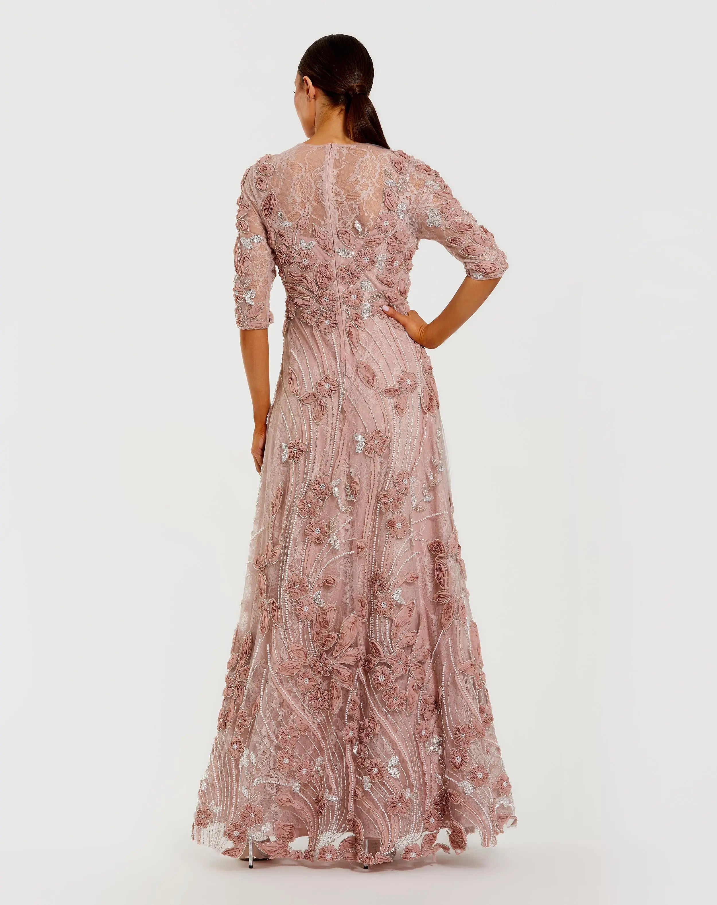 Pink 3/4 Sleeve High Neck Embellished Lace A-Line Gown - Mac Duggal