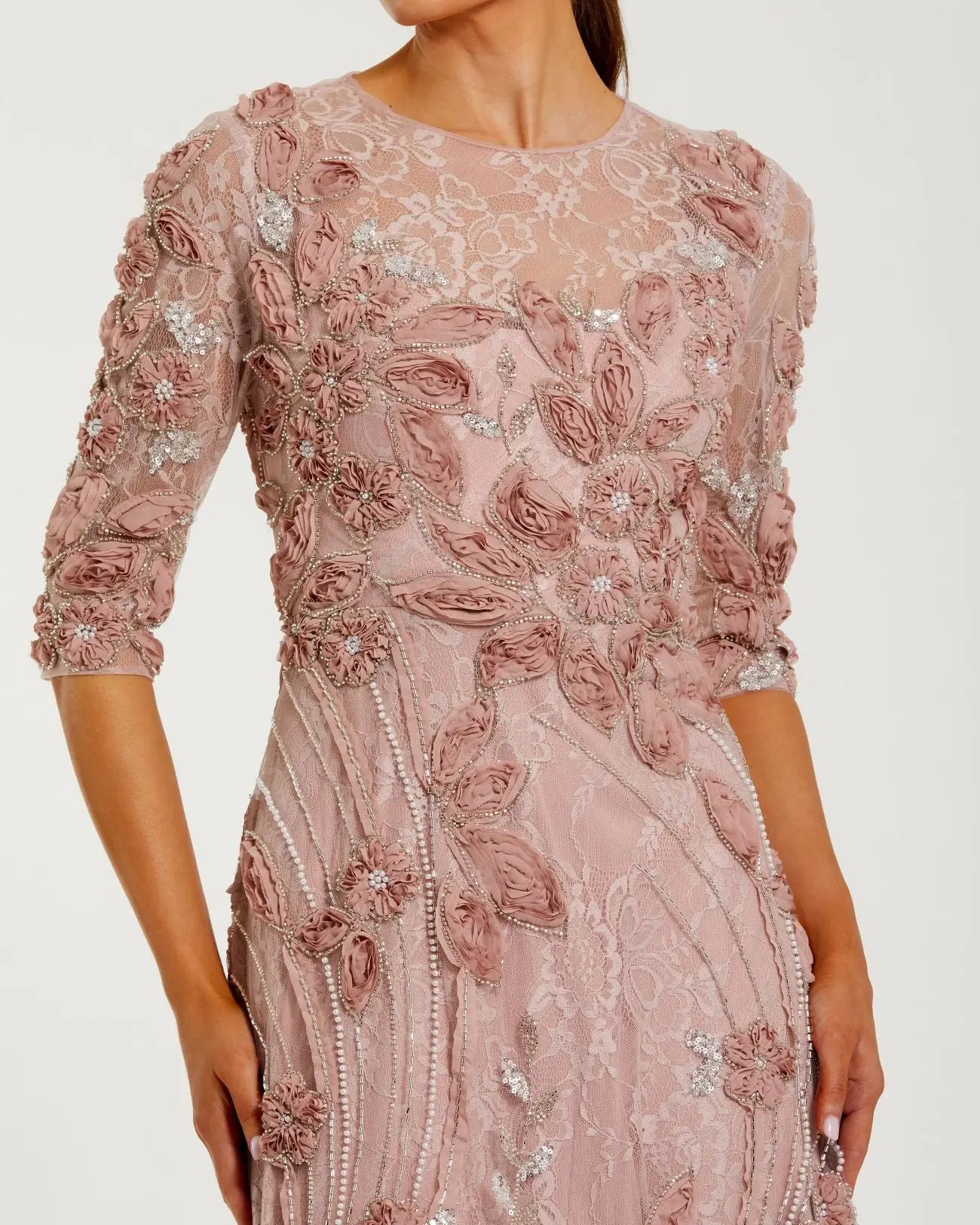 Pink 3/4 Sleeve High Neck Embellished Lace A-Line Gown - Mac Duggal