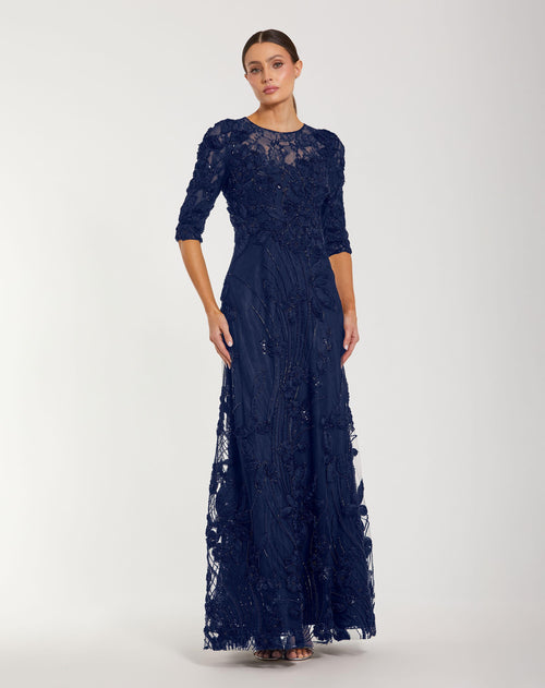 Navy 3/4 Sleeve High Neck Embroidered A Line Gown - Mac Duggal 