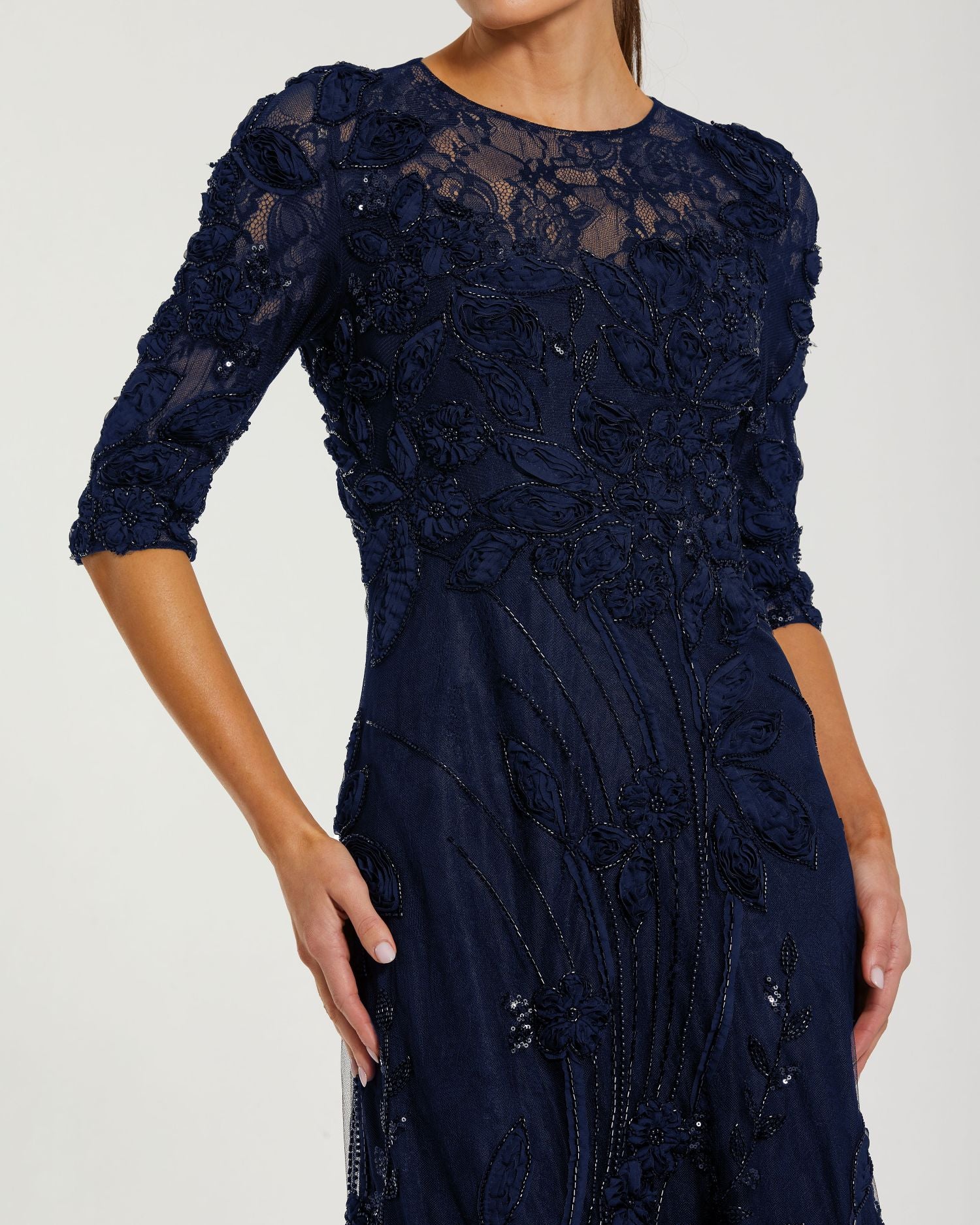 Navy 3/4 Sleeve High Neck Embroidered A Line Gown | Mac Duggal Navy 3/4 Sleeve High Neck Embroidered A Line Gown | Mac Duggal